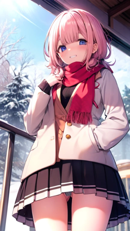 、Peep、A sneak peak、Shyness、blush、embarrassing、blush、peak、High resolution、Full HD、8K quality、、wear a coat、snow原、、snow、cold、scarf、scarfを巻く、降snow、Terrace seats、、cafeteria、、droopy eyes、、peek from below、、Look at top left、stare、、highlight on eyes、lively eyes、clear eyes、Beautiful eyes、laugh at、grin、Skirt flip、Holding the skirt in the hands、roll up the skirt、Animal Panties、Panty figure、lift up skirt、thighs、charm、Holding the skirt in the hands