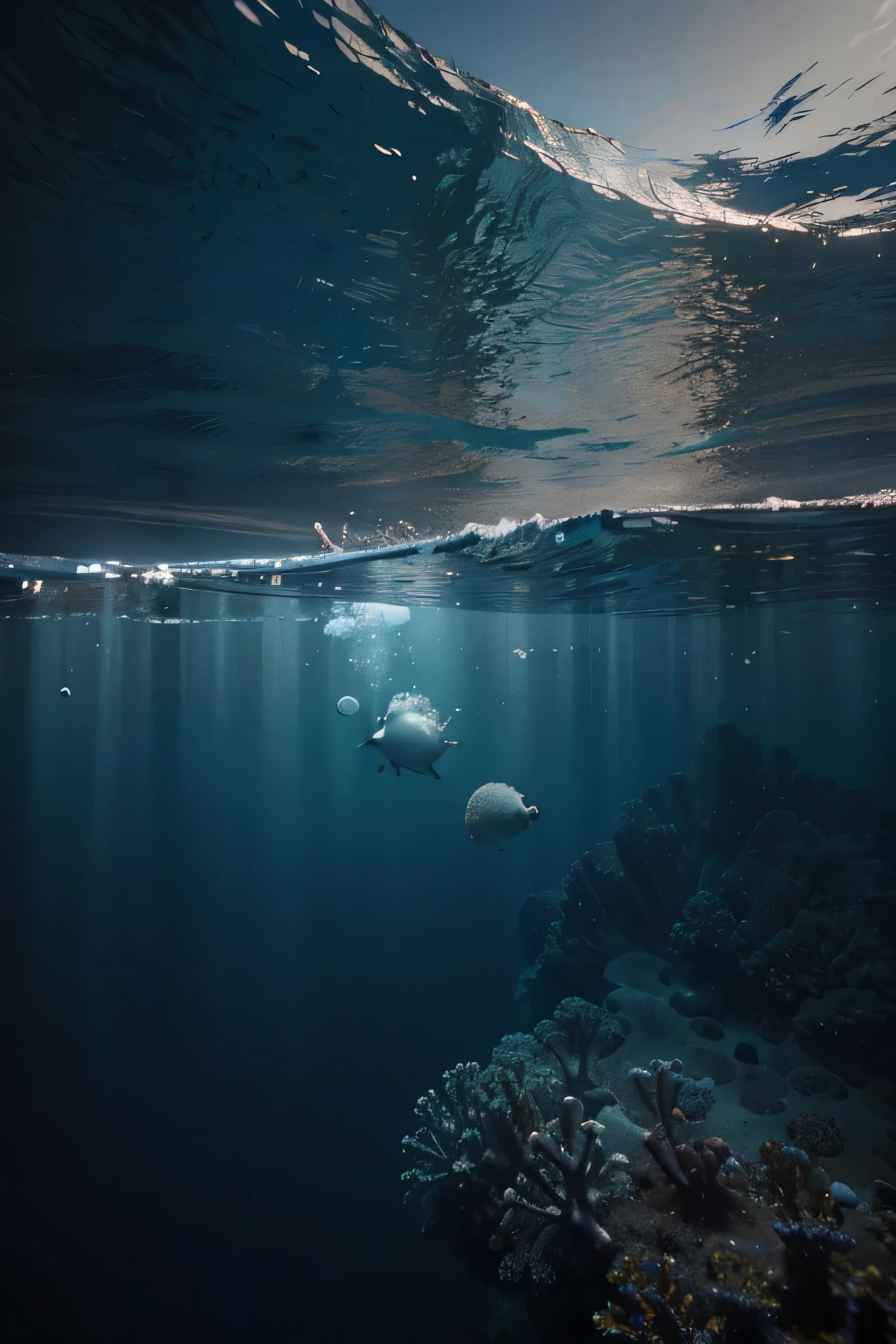 The size of the picture is A2 specification，The ratio of sky to ocean is 1:3，The protagonist is coral bleaching due to reduced oxygen，Global climate change，climate change，Increased carbon dioxide，algae death，half the sky，The underwater world，4 fish，White coral in crisis，wide angle photography，Ultra-detailed，best quality，good composition，Sky lighting contrasts with ocean，8k HD