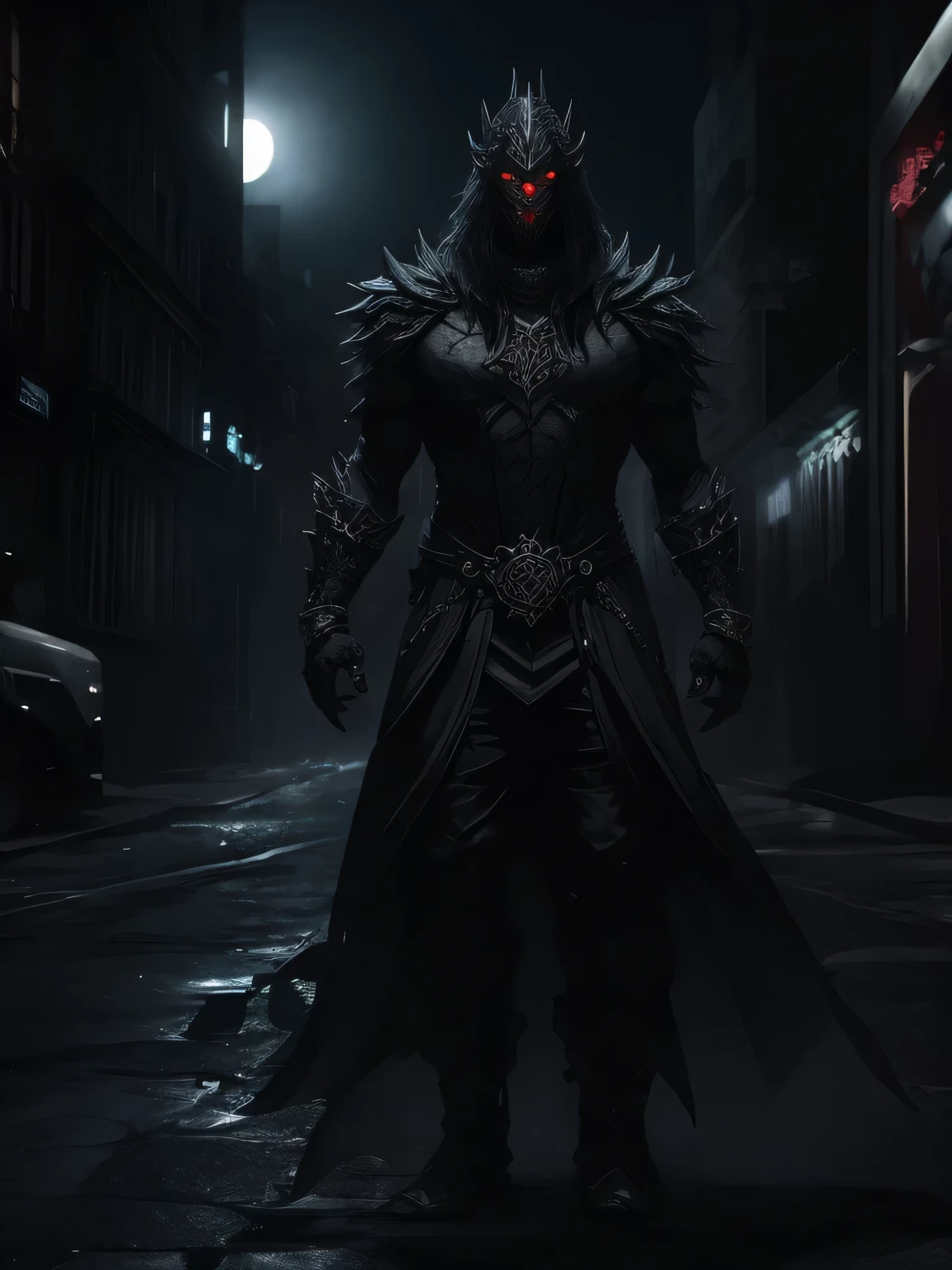 Black scale monster,city street,The moonlight shines brightly,The scales on the body are clearly visible,horrifying,Red eyes。