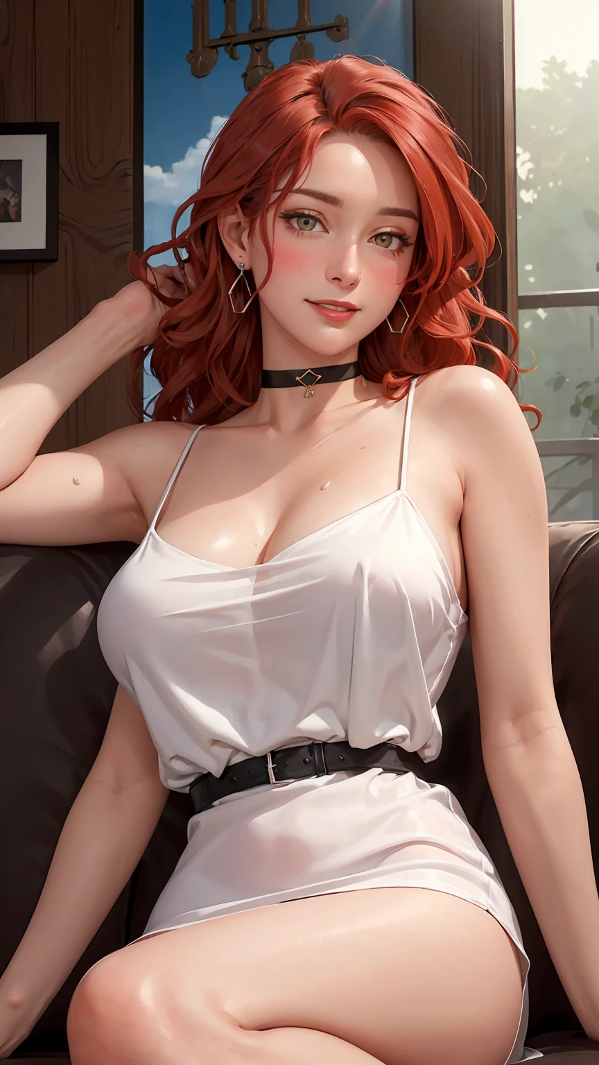((((masterpiece, best quality, high resolution)))), Extremely detailed 8K, Beautiful girl with voluptuous body, (Ultra HD, Ultra-detailed, Highly detailed, Highly realistic, Ultra-realistic, photograph realistic), (1girl:1.5), (Realistic red hair), (long wavy hair, hair ornaments, earrings), (dynamic poses), facing at camera, looking at viewer, (blushing red, embarrassed, smile), (hazel eyes, sharp eyes), (big perky breasts:1.2), (beautiful detailed face, beautiful detailed eyes), ((silk mini dress, black choker)), (sitting:1.3), sweat, glow, (sunbeam, sunlight), ((cowboy shot)), jazz bar