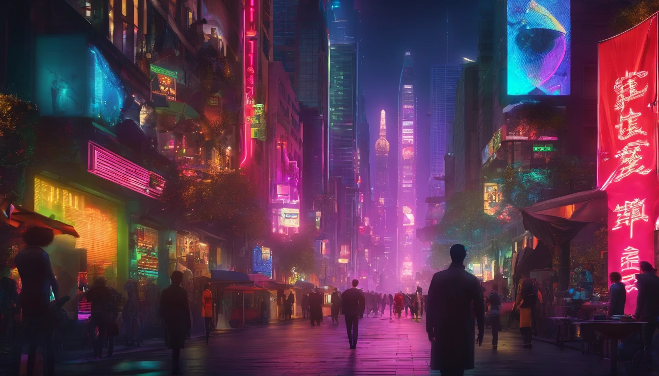 Vista de las ramblas de barcelona mirando hacia el mar, estatua de colon en el centro de la imagen, tras la tercera guerra mundial, gente con ropa futurista paseando, desde un punto alto, ultra realista, estatus de colon, barcelona