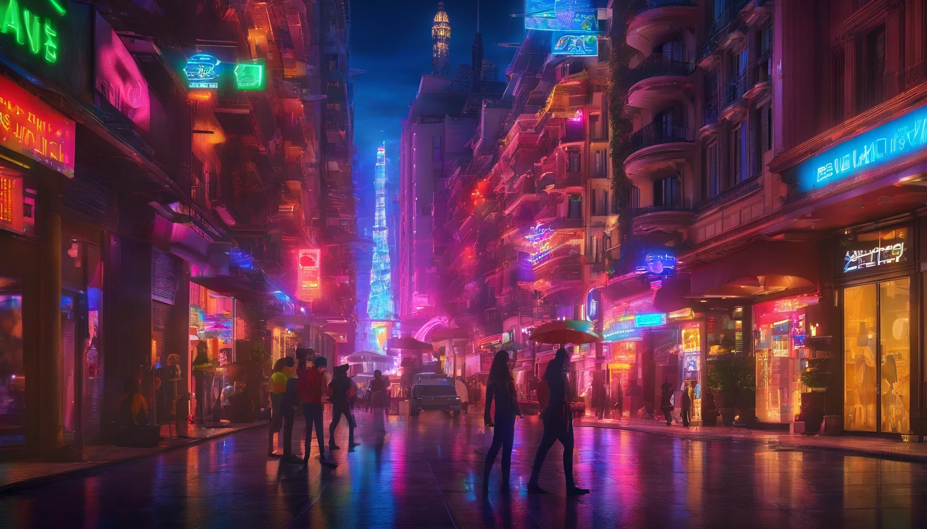 Vista de las ramblas de barcelona mirando hacia el mar, estatua de colon en el centro de la imagen, tras la tercera guerra mundial, gente con ropa futurista paseando, desde un punto alto, ultra realista, estatus de colon, barcelona