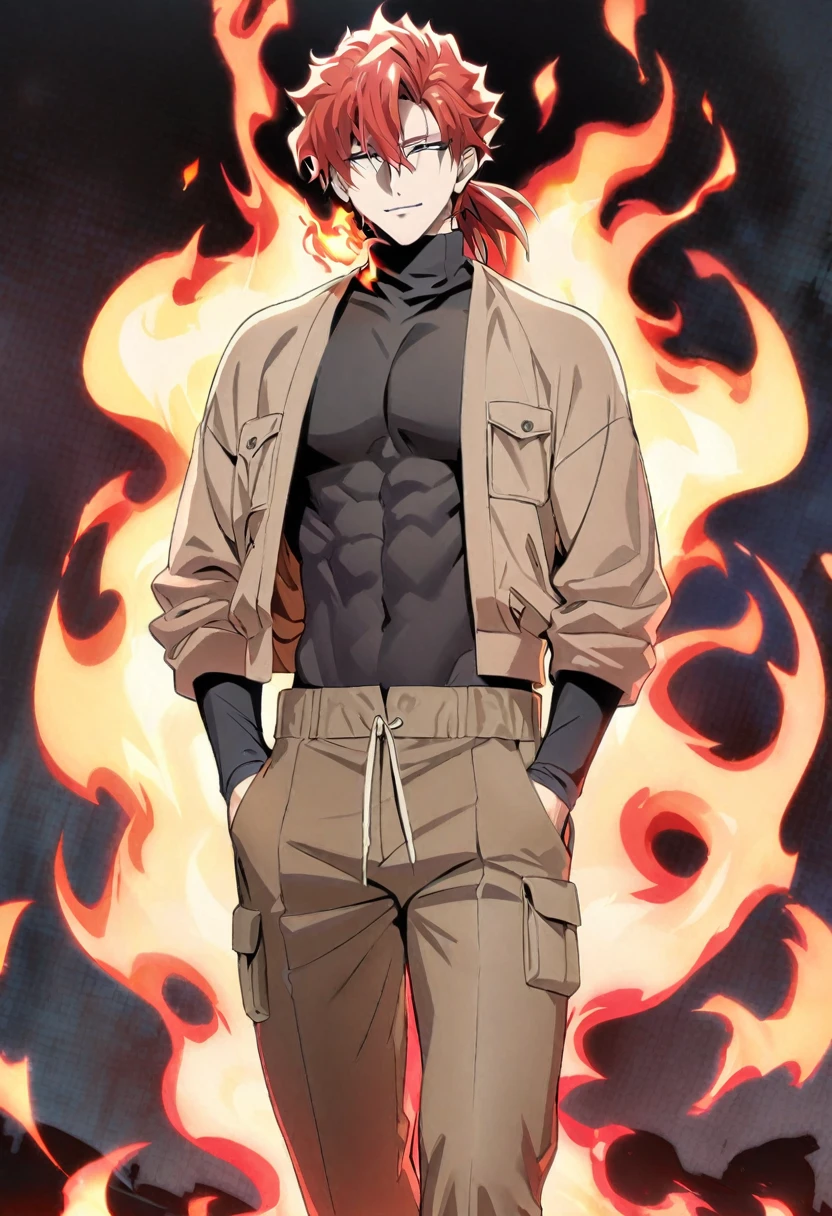 (Young guy), ((handsome)), 1guy, (solo), (red medium hair:1.1), (blue eyes:1.1), ((eyes details)), fit body, black turtleneck, brown cargo, ((seductive smile)), anime hight quality, masterpiece, medium shot, hands in pockets, walking, straight-on, flames background, magicflame bodyaura, flames aura, red and yellow flames