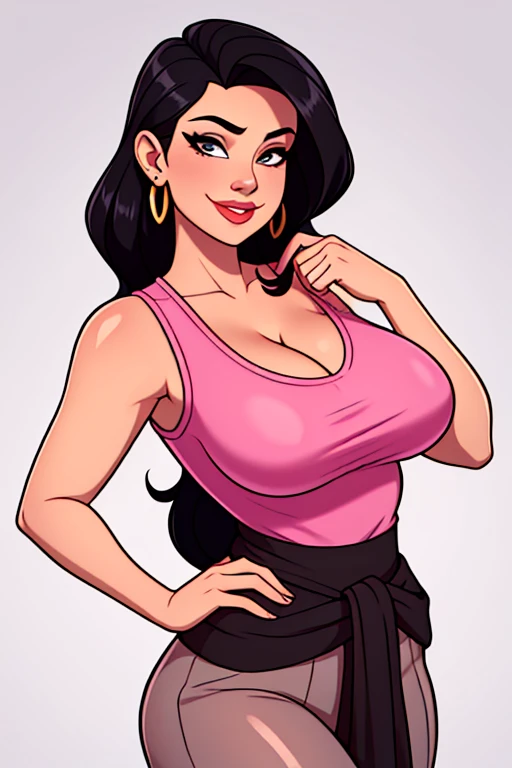 best quality, glossy, 4k, ((artwork)), extremely detailed, 8k, beautiful, MILF, hot woman, long black hair, pink shirt, sleeveless, cleavage, big breasts, full lips, grey iris, smile, one hand on the waist, no background, simple art, no earrings, thin waist