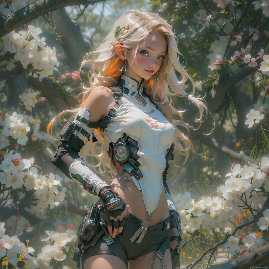 ((Create one girl 16+ years old.), (full height), (masterpiece, Best quality), (1 elf), (1 girl), (sexy), (One, bangs, dyed red hair) (White armor cyber skulls), (long black tights with gloves), (stands upright), (mysteriously))_((green:1.5, orange:1.1, white: 1.3, yellow:1.3))_ ((very sexy girl with dreadlocks, tattoos, bare parts of the body), (down jacket: 1.2, on the naked body, T-shirt, thong))_((Beautiful figure, half a turn 16+ years old) ,(realistic)), ( (small peach breasts, graceful figure, narrow waist, smooth hips), (long double braids), (tight braids), (braided hair), (dark hair), (red lips), (smile))_ ((Shiny skin :1.5, white skin, light skin: 1.5)), ((sexy), (cute))_((Fractals, lights, leaves, fog, cherry blossoms, circles background))_((Chiaroscuro, contrast , warm-cold), (atmospheric visualization), (best quality), (Virtual realism))_((Digital painting, anime style, cyberpunk), (best quality, 4k, high resolution, masterpiece: 1.2))((ultra detail ), (realistic, photorealistic, photorealistic: 1.37))_((Soft clear shapes, broad strokes, attention to detail))_((High quality, 16K | Ultra HD | Full HD)).