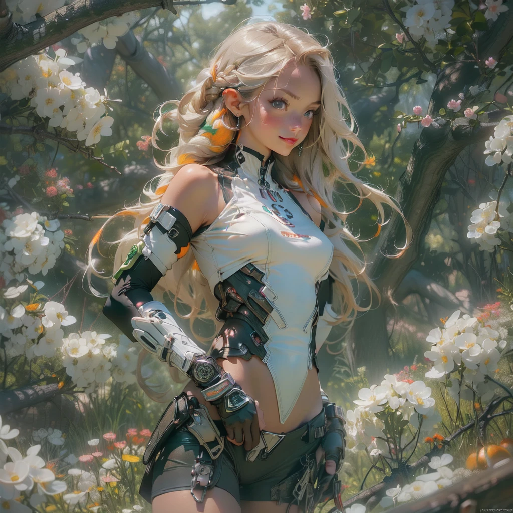 ((Create one girl 16+ years old.), (full height), (masterpiece, Best quality), (1 elf), (1 girl), (sexy), (One, bangs, dyed red hair) (White armor cyber skulls), (long black tights with gloves), (stands upright), (mysteriously))_((green:1.5, orange:1.1, white: 1.3, yellow:1.3))_ ((very sexy girl with dreadlocks, tattoos, bare parts of the body), (down jacket: 1.2, on the naked body, T-shirt, thong))_((Beautiful figure, half a turn 16+ years old) ,(realistic)), ( (small peach breasts, graceful figure, narrow waist, smooth hips), (long double braids), (tight braids), (braided hair), (dark hair), (red lips), (smile))_ ((Shiny skin :1.5, white skin, light skin: 1.5)), ((sexy), (cute))_((Fractals, lights, leaves, fog, cherry blossoms, circles background))_((Chiaroscuro, contrast , warm-cold), (atmospheric visualization), (best quality), (Virtual realism))_((Digital painting, anime style, cyberpunk), (best quality, 4k, high resolution, masterpiece: 1.2))((ultra detail ), (realistic, photorealistic, photorealistic: 1.37))_((Soft clear shapes, broad strokes, attention to detail))_((High quality, 16K | Ultra HD | Full HD)).