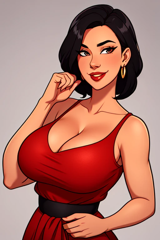 best quality, glossy, 4k, ((artwork)), extremely detailed, 8k, beautiful, MILF, hot woman, short black hair, red shirt, cleavage, big breasts, full lips, grey iris, smile, one hand on the waist, no background, simple art, no earrings, thin waist