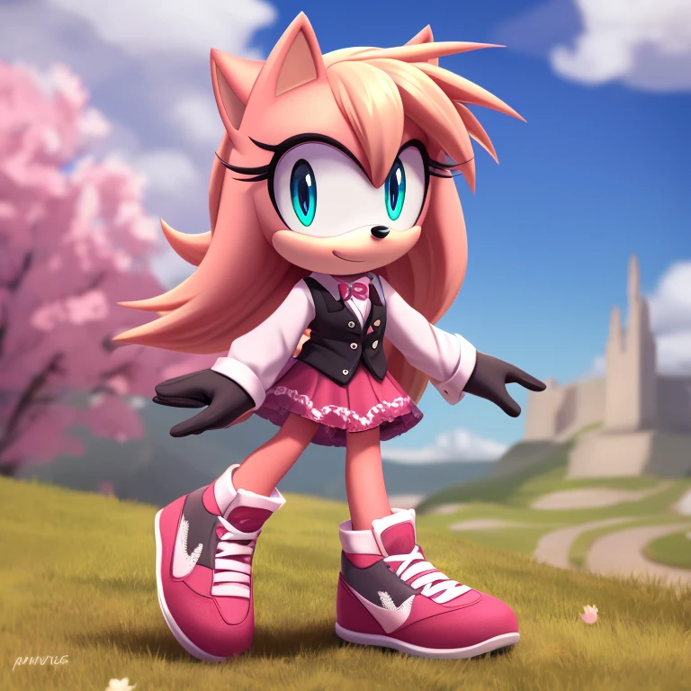 Mobian female hedgehog with peach fur, long wavy blonde hair with bangs, aqua eyes, wearing a short-sleeved white shirt with a light pink stripe on the sleeves, a lime green ribbon below the collar, a pink vest which is buttoned by a light pink button, a short light pink skirt with a darker pink stripe near the bottom, white and light pink lace-less sneakers with gray soles, without socks. Solo, 4k