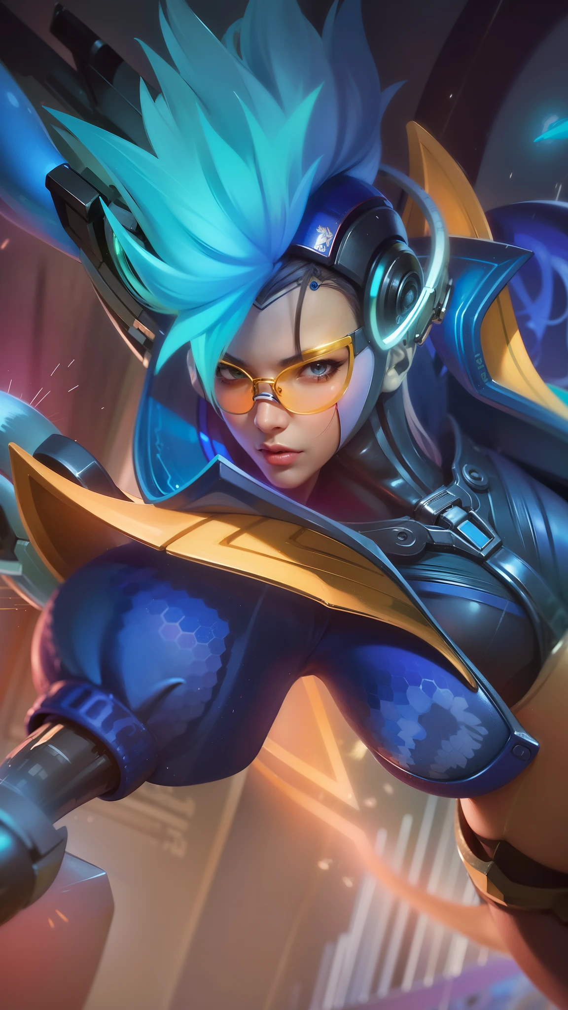 a close up of a person with a blue hair and a helmet with glasses, extremely detailed artgerm, artgerm detailed, artgerm lau, graphic artist artgerm, qiyana, senna from league of legends, artgerm. high detail, kda, style artgerm, artgerm jsc, trending artgerm, artgerm style, 8k, ultra hd, ultra detailed texture, hyper realistic, masterpiece, detailed texture, detailed face, detailed skin, detailed lighting, (photorealistic:1.5), best quality, beautiful lighting, cinematic lighting, professional lighting, ultra highres, realistic, detailed hair, real hair, high quality, (realskin:1.5), extremely detailed, finely detail, ultra-detailed