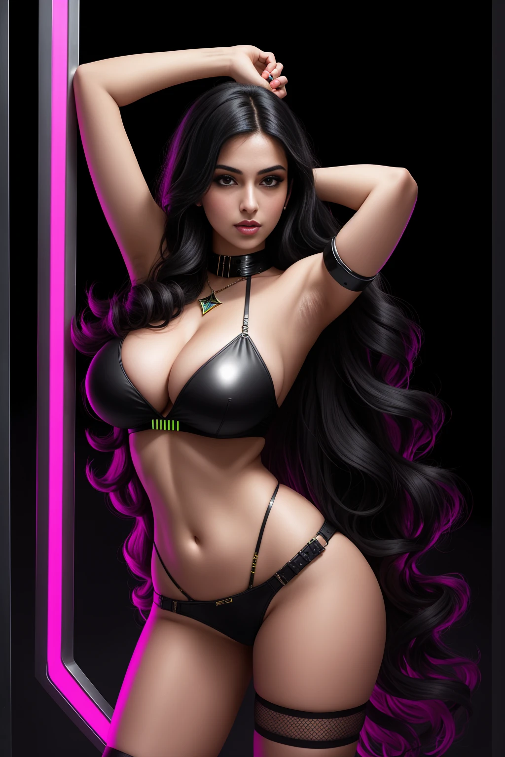 there a Persian woman standing, long curly hair, 3 d neon art of a womans body, neon-noir background, cyberpunk femme fatale, seductive cyberpunk dark fantasy, cyberpunk strip clubs, cyberpunk 20 y. o model girl, oppai cyberpunk, banner, high definition cgsociety, cgsociety masterpiece, trending on cgstation, kda, random hair, looking at camera, gigantic breasts, cleavage, (high detailed skin:1.2), 8k uhd, dslr, super lighting, high quality, film grain, high res, highly detailed, hyper realistic, beautiful face, beautiful body, beautiful eyes nose lips, alluring expression, very bold, upper visible, full body photo, standing legs apart, pale translucent glowing skin, most beautiful face, cute, (well defined pubic hair:1.2)), (dark plain black background:1.4))
