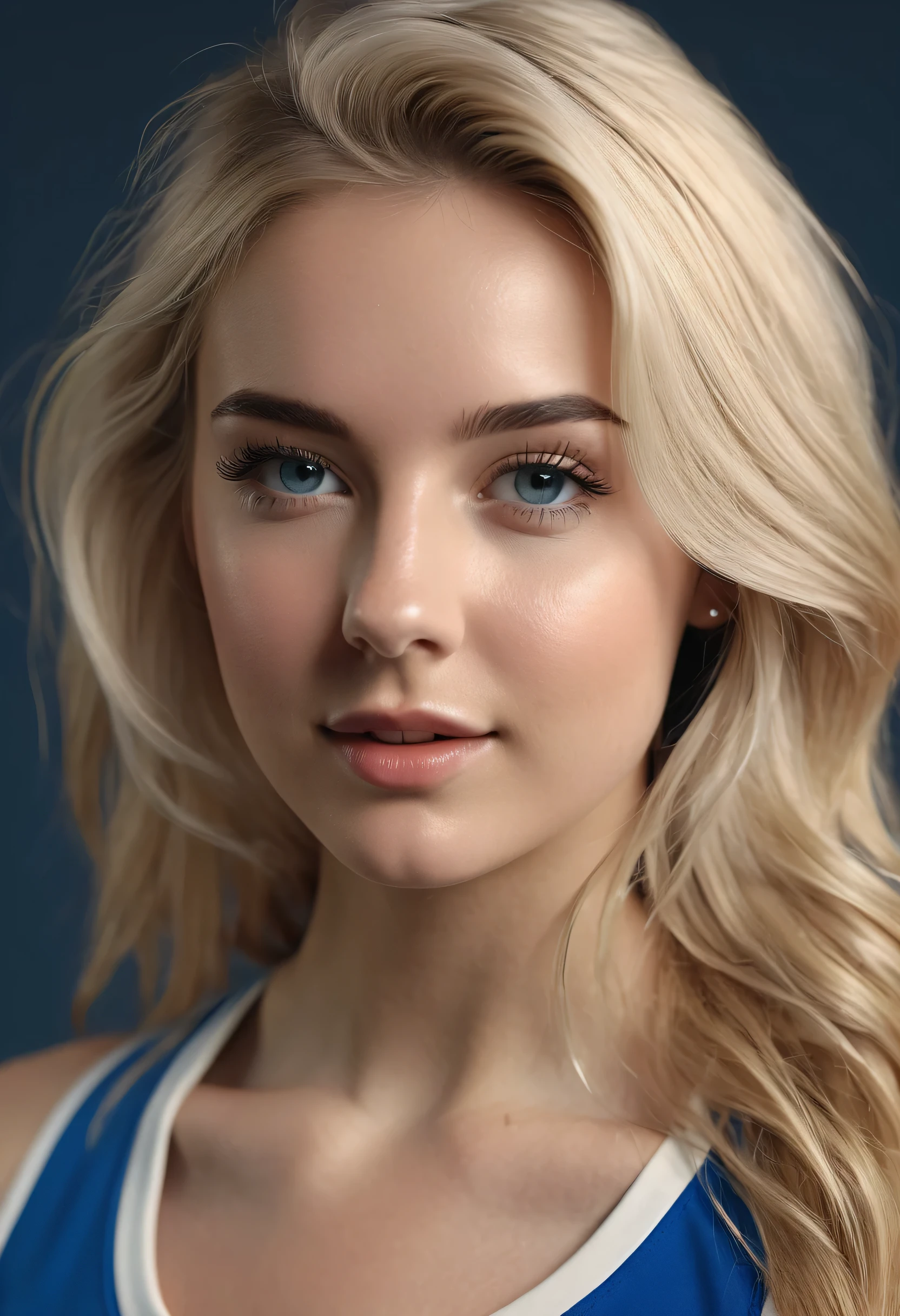 Photorealistic full-length portrait of an insanely beautiful woman, Kate 21 y.o. with blonde hair, cheerleader, in the style of panasonic lumix s pro 50mm f/1.4, light beige and dark azure, celebrity images mashups, soft realism, barbiecore, unreal engine 5, 32k uhd, luminous quality, swiss realism