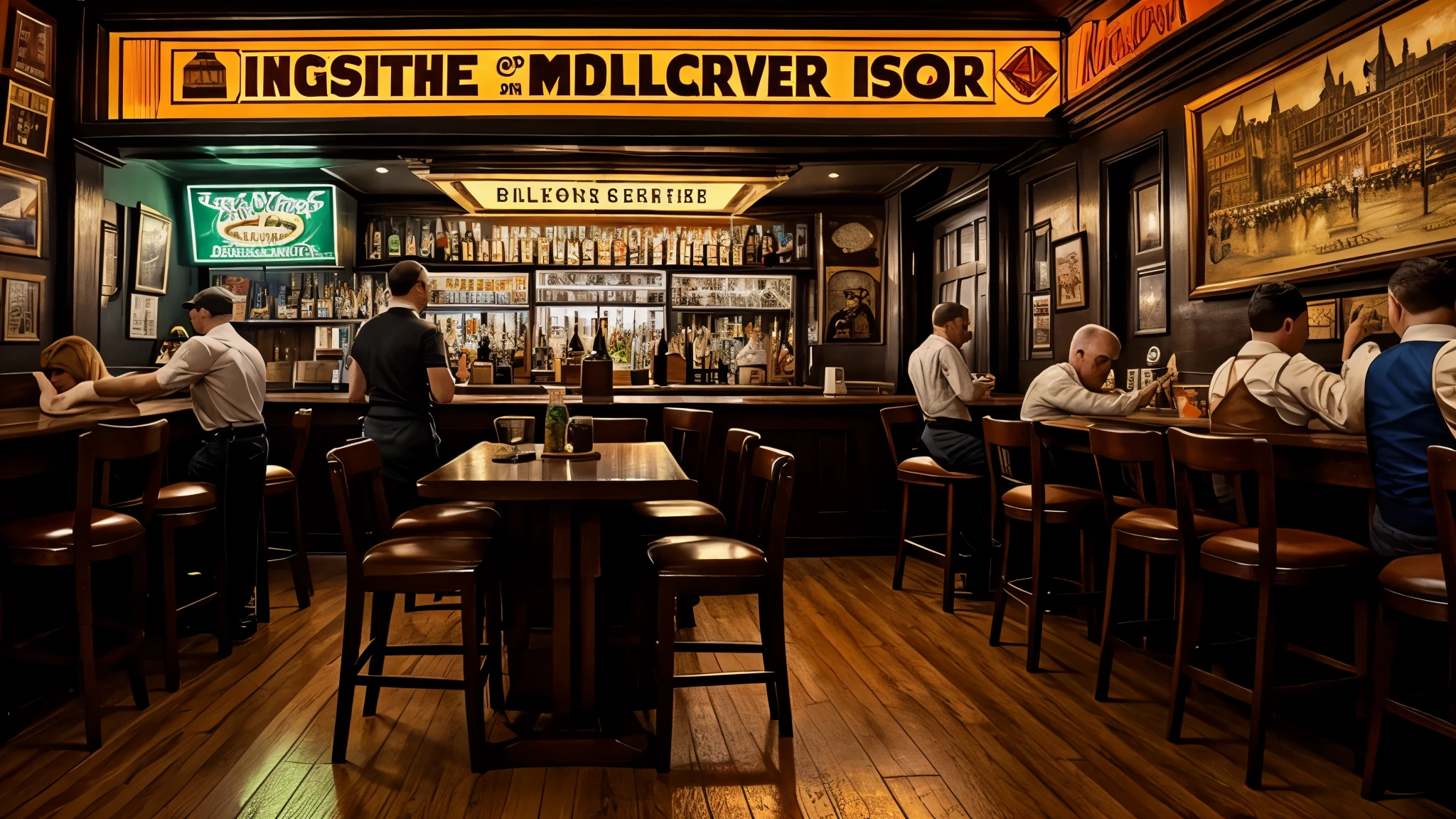 An old Irish Pub, Norman Rockwell style, 1950s, highly detailed, oil painting, masterpiece, dark cool colors, neon signs, vintage pictures on the wall, Ultra HD, hyperrealistic, cool neon lighting
