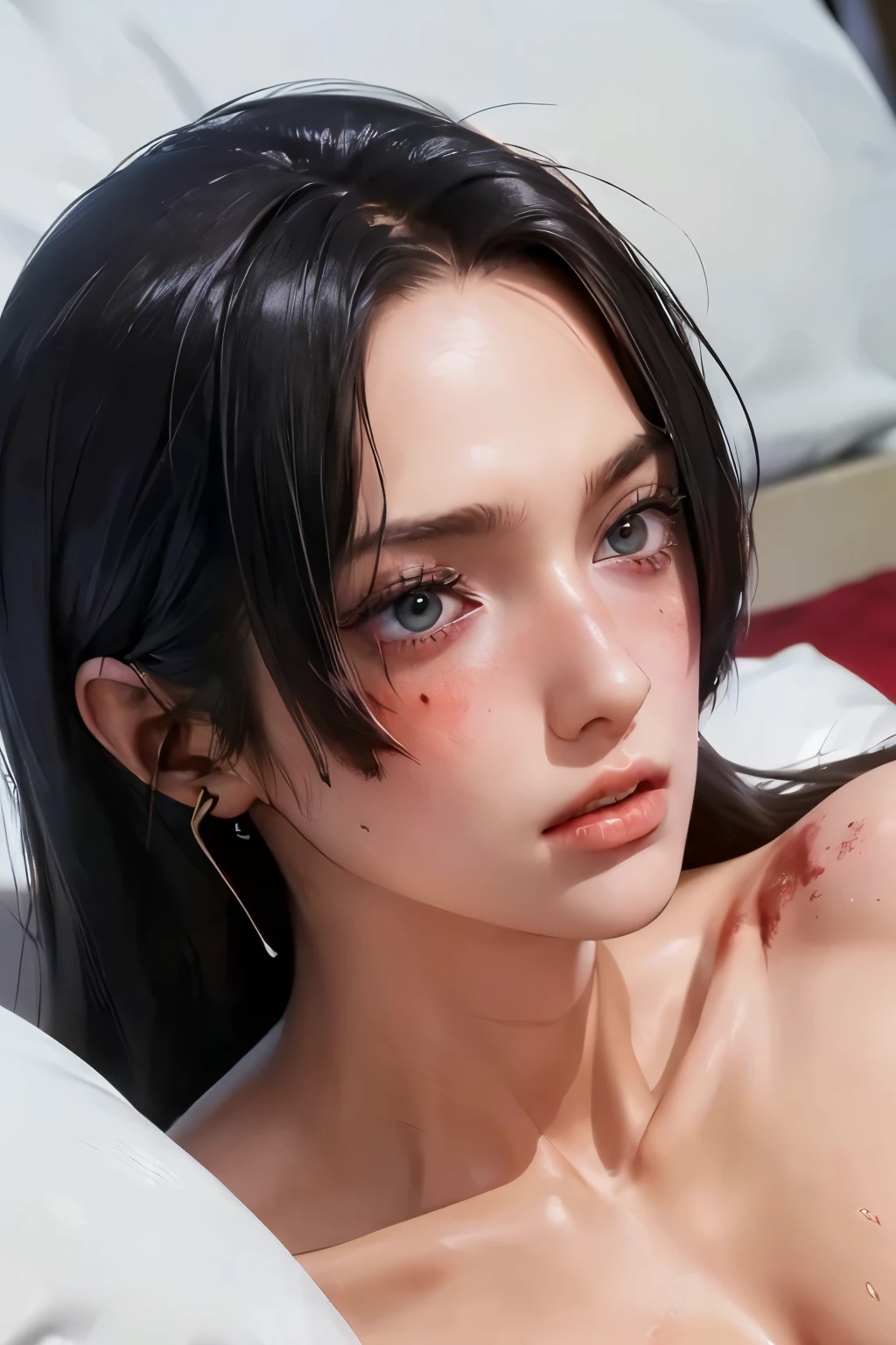 (((masterpiece))), (((best quality))), ((ultra-detailed)), (highly detailed CG illustration), Boa Hancock, (nsfw:1.5), (masterpiece:1.5), Detailed Photo, Sexy, (Best Quality: 1.4), (1girl), Beautiful Face, (Black Hair, long Hair: 1.3), Beautiful Hairstyle, beautiful detail eyes, (realistic skin), beautiful skin, absurd, attractive, ultra high resolution, high definition, (sexually aroused:1.5), Pinkish white skin, cool white light, sexy pose, Beautiful , white background, pink soft white light, Wear a white tank top, (bukkake:1.8), (zombie girl:1.6), (breeding:1.6), (cute dead girl:1.5), (deadly eyes:1.8), (Eyes without sparkle1.7), pale skin, dead body, no life, (lifeless:1.5), (Wounds on the body:1.6), (dribbling:1.5), (red blood on body:1.3), (Bruise on the body:1.4), (lying on bed:1.5), 