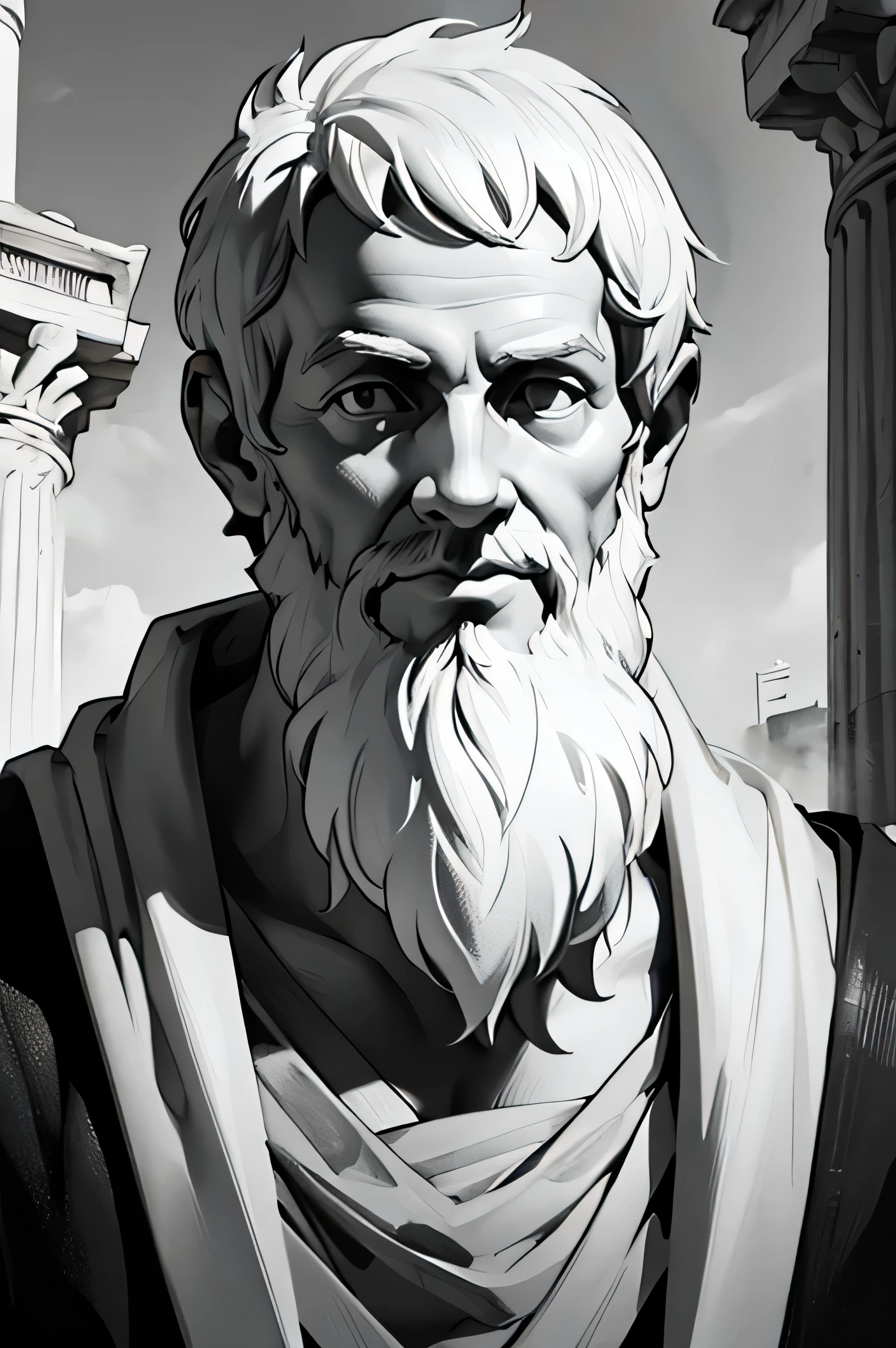 Aristotle, black and white image, close image, high definition, ultra sharp image, dramatic dark and lights like ancient rome