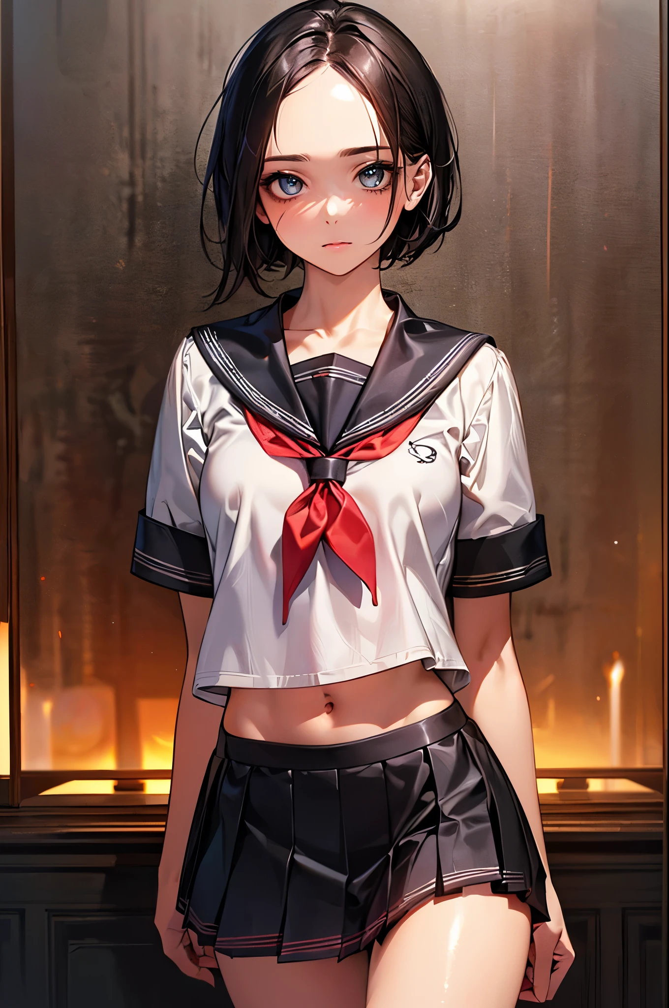 ((perfect anatomy:1.2,realistic:1.3,RAW Photography:1.3,masterpiece、highest quality、Ultra - High resolution、High resolution、Highly detailed CG、8K)),cowboy shot,1 female,solo,18 year old beauty, Japanese、((beautiful detailed face and eyes:1.2,big gorgeous eyes:1.2)),black hair,short bob hair,(center parted hair:1.4,forehead),medium breasts,slender body,small head:1.3,skinny,(oily skin,gleaming skin,shiny skin),(Student uniform、Black sailor suit、Black sailor collar、Red neckerchief、pleated mini skirt),
