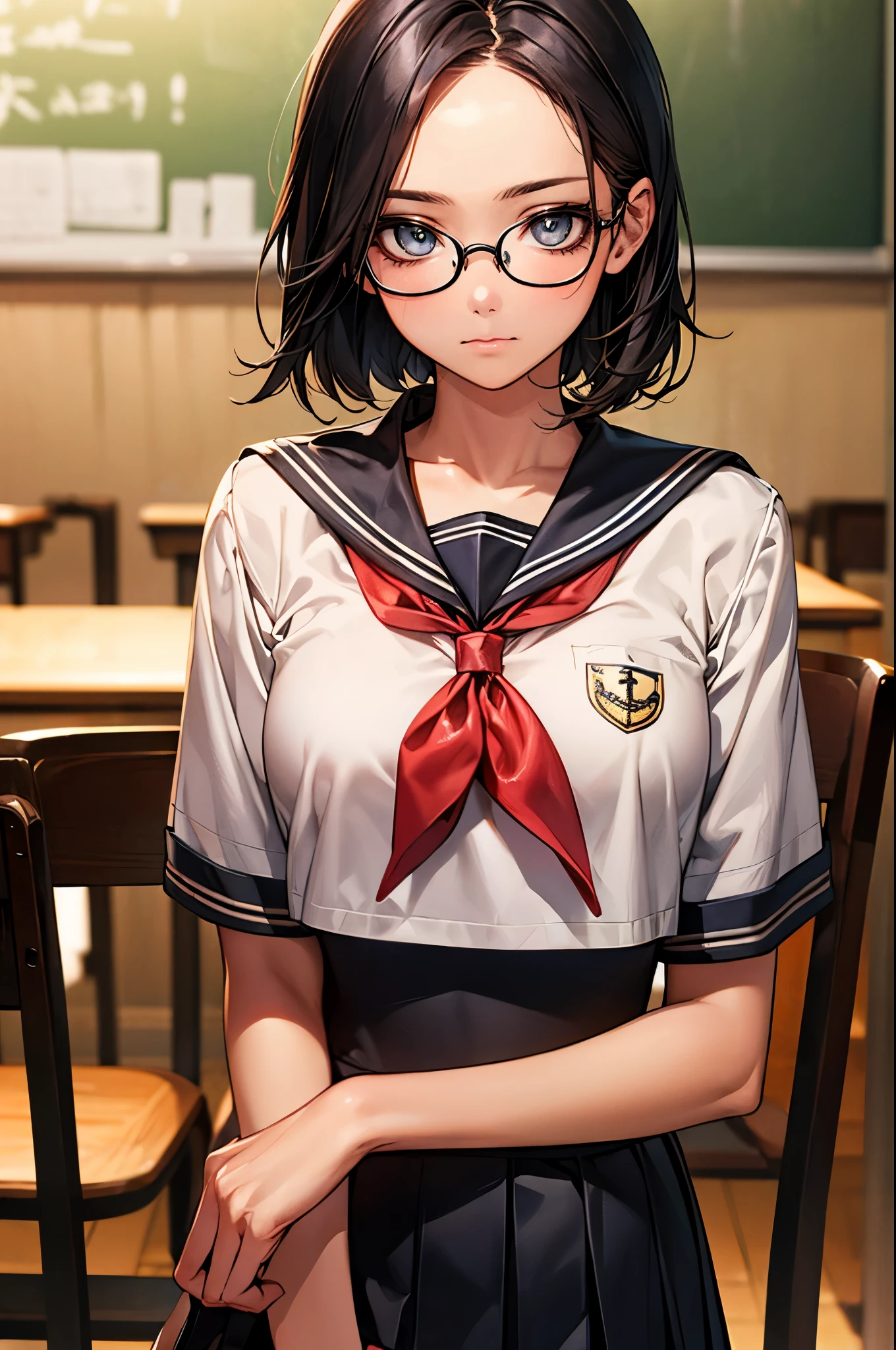 ((perfect anatomy:1.2,realistic:1.3,RAW Photography:1.3,masterpiece、highest quality、Ultra - High resolution、High resolution、Highly detailed CG、8K)),cowboy shot,1 female,solo,18 year old beauty, Japanese、((beautiful detailed face and eyes:1.2,big gorgeous eyes:1.2)),black rim glasses、black hair,short bob hair,(center parted hair:1.4,forehead),medium breasts,slender body,small head:1.3,skinny,(oily skin,gleaming skin,shiny skin),(Student uniform、Black sailor suit、Black sailor collar、Red neckerchief、pleated mini skirt),classroom、Simple desk and chair、