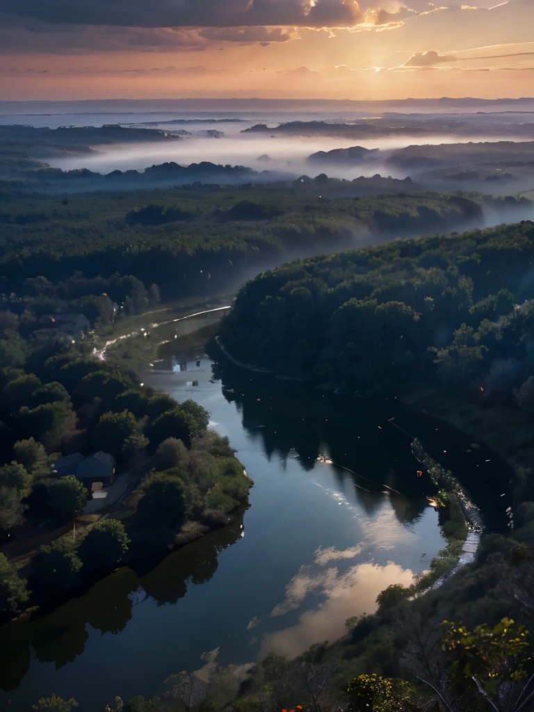 master piece, wide shot, Expansive landscape photograph, (view from below with a view of the sky and wilderness below), old man walking by a wide river in a pine forest, city in the distance, (dense fog), distant mountains, tree break production art, (warm light source: 1. 2), (firefly: 1. 2), lamp,light and dark blue, intricate detail, volume lighting, realism break (masterpiece: 1. 2) (Best Quality), 4K, Ultra-Detailed, (Dynamic Configuration: 1. 4), Highly Detailed and Colorful Details, (Iridescent Colors: 1. 2), (Glowing Lighting, Atmospheric Lighting), Dreamy, Magical, (Solo: 1. 2),