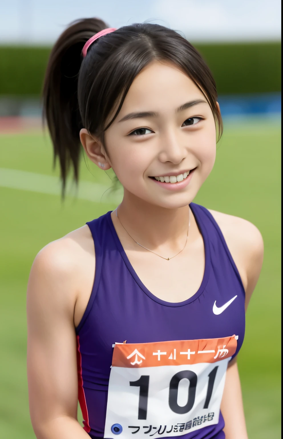 (highest quality, masterpiece), (Beautiful *********** Japanese girl), (freckles:0.6), ponytail, smile, garden, track and field athlete