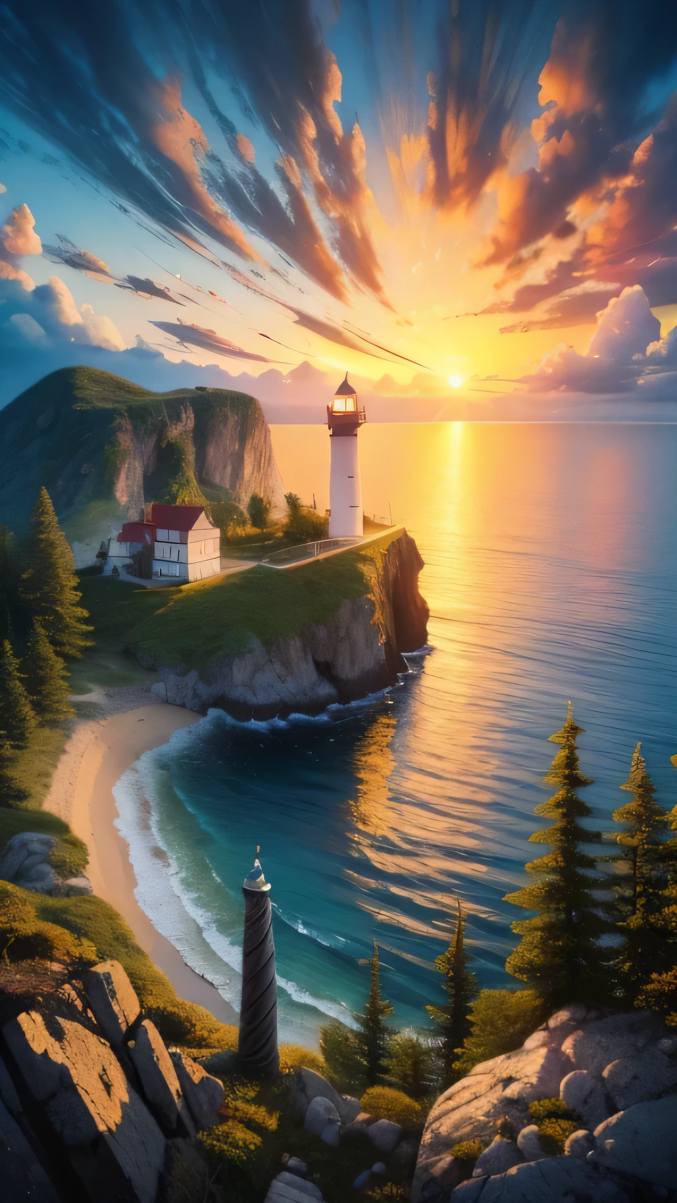 a painting of a lighthouse on a rocky shore with a sunset, beautiful art uhd 4 k, detailed painting 4 k, breathtaking masterpiece of art, 8 k hd detailed oil painting, beautiful painting, detailed 4 k oil painting, stunning painting, oil painting 4k, oil painting 4 k, beautiful painting of a tall, highly detailed 4 k painting, a beautiful painting