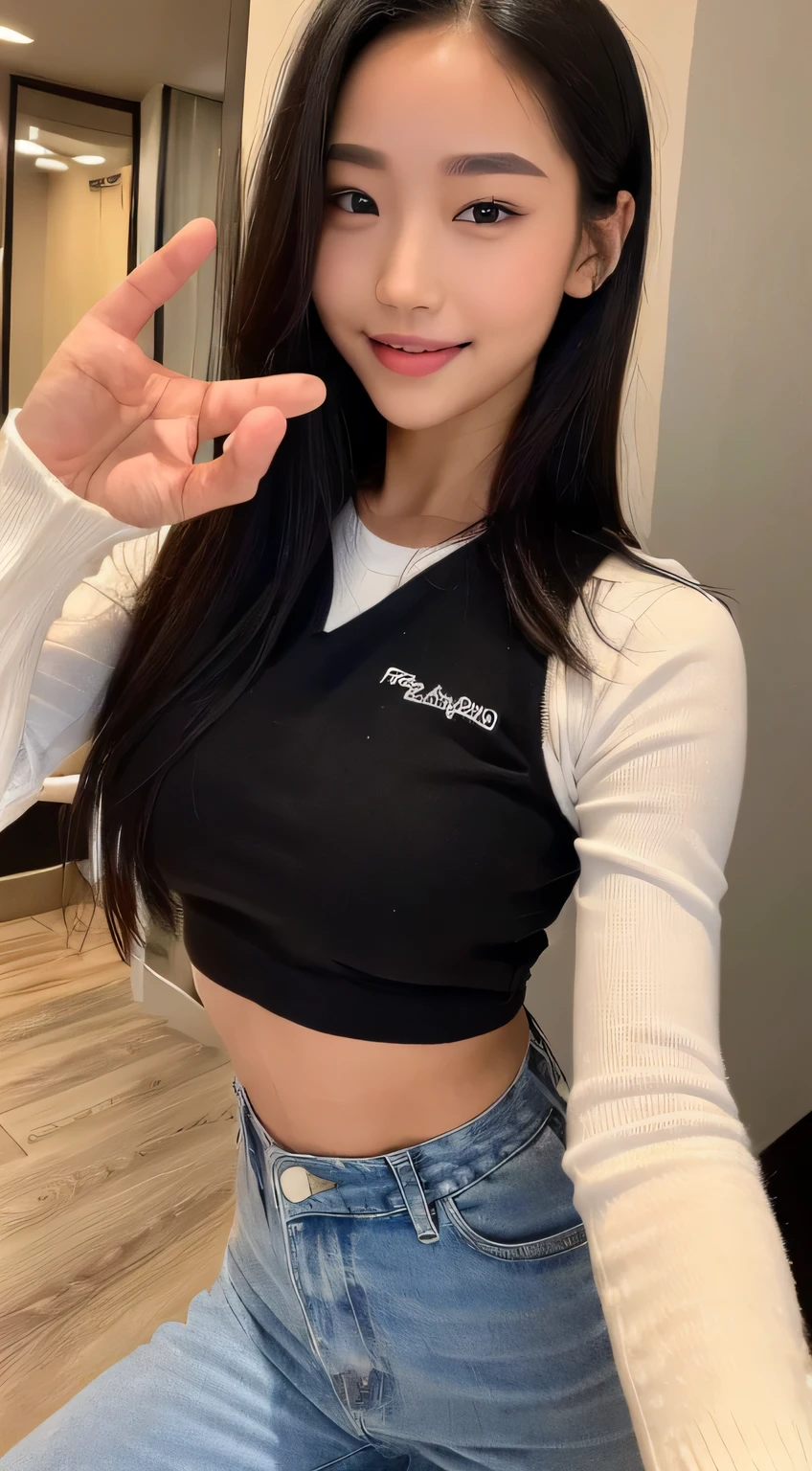 ((top quality、8K、​Masterpiece:1.3))、1 girl in、Beautiful woman emphasizing her full abdominal muscles:1.3、whole body 、(Long black hair、small tits:1.2)、body painting、Vest:1.2、The face is super delicate、exquisite eyes、double eyelids、a smile、Home, Clothes color random, Bronzed skin, thumbs up