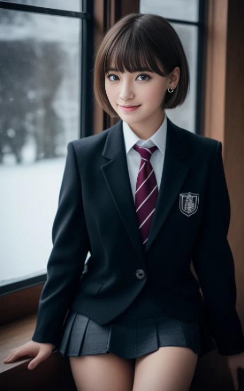 Winter scenery outside the window、School、winter uniform、8K RAW Photo、High resolution、short cut hairstyle 、japanese women 、、tie、tie a ribbon、blazer、mini skirt、beautiful eyes、drawn in detail、long eyelashes、beautiful double eyelids、eye shadow、narrow eyes、Three white eyes、dark eye makeup、slight smile、beautiful and thin legs、earrings、Schoolの教室