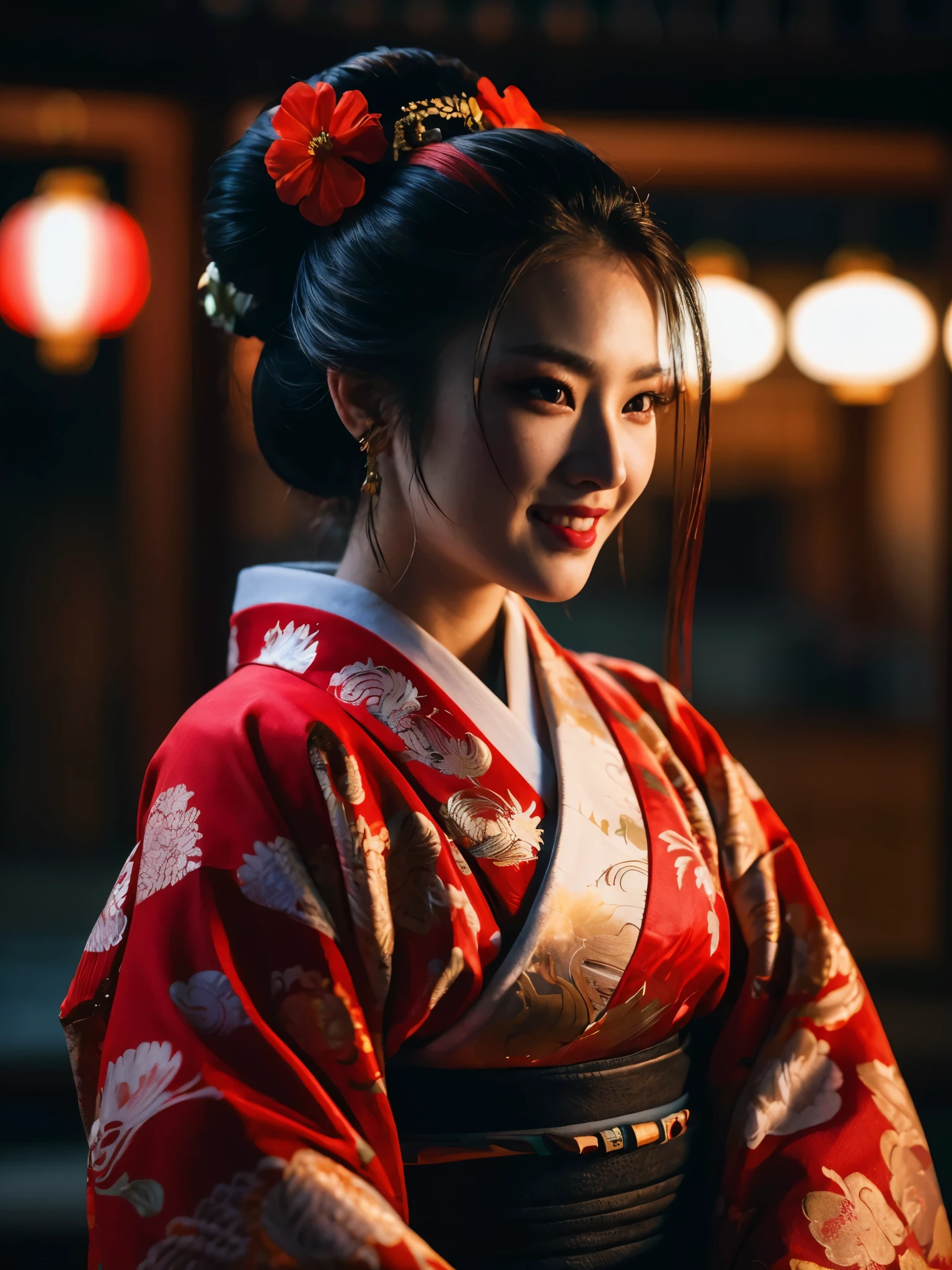 8k Uhd, Dslr,Film Grain, Fujifilm XT3,(Best Quality:1.3), (Masterpiece:1.1), High Resolution, Cinematic Light, Intricate Details, (Photorealistic) (night scene) a realistic backlight dramatic red tone light photography beautiful japanese geisha girl, ((facial texture pore detail)), grin demonic smile, simple messy hairdo, wearing satin kimono with traditional motif, open shoulder, full body colourful dragon tattoo, holding long katana blade, inside traditional villa, 8K