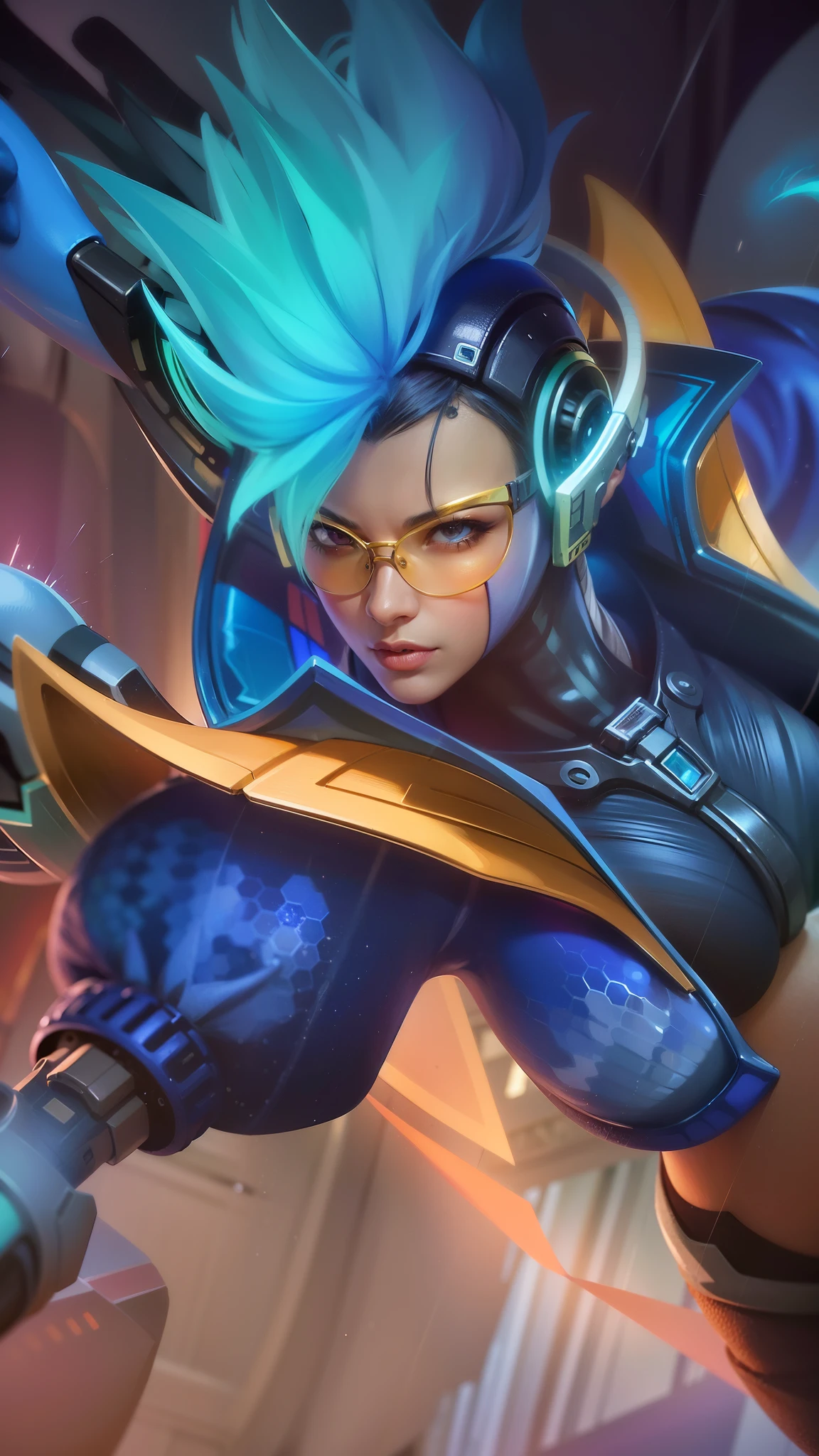 a close up of a person with a blue hair and a helmet with glasses, extremely detailed artgerm, artgerm detailed, artgerm lau, graphic artist artgerm, qiyana, senna from league of legends, artgerm. high detail, kda, style artgerm, artgerm jsc, trending artgerm, artgerm style, 8k, ultra hd, ultra detailed texture, hyper realistic, masterpiece, detailed texture, detailed face, detailed skin, detailed lighting, (photorealistic:1.5), best quality, beautiful lighting, cinematic lighting, professional lighting, ultra highres, realistic, detailed hair, real hair, high quality, (realskin:1.5), extremely detailed, finely detail, ultra-detailed