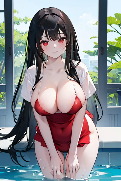 ((Black hair))), long hair, red eyes, sexy, large breasts, beautiful body, masterpiece, smile,naked, nipples , sexy lingerie, hotel swimming pool ,busty, buxom, curvy, voluptuous,Sexual Intercourse, (cum in pussy),(breast milk), masterpiece,best quality,black hair,long hair,1girl,white gym uniform,brm,sweat,cowboy shot,