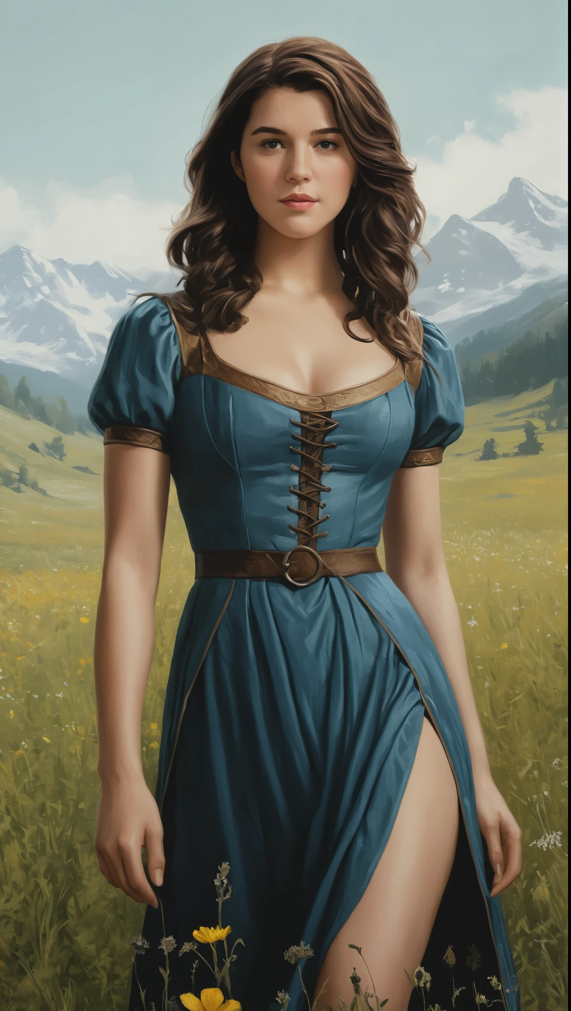 An illustrated movie poster, hand-drawn, full color, a Westerosi teen girl, wearing a regal dress, resembles Mary Elizabeth Winstead, sun-tanned complexion, tall, athletic, Amazonian figure, curvy, toned midriff, bottom-heavy, generous hips, massive bubble-butt, ridiculously thick powerful thighs, dark hair, long hair, waist-length hair, posing in a meadow of wildflowers, hard shadows, graphite shading, stencil marks, airbrushed acrylic paint, masterpiece, in the style of the Witcher 