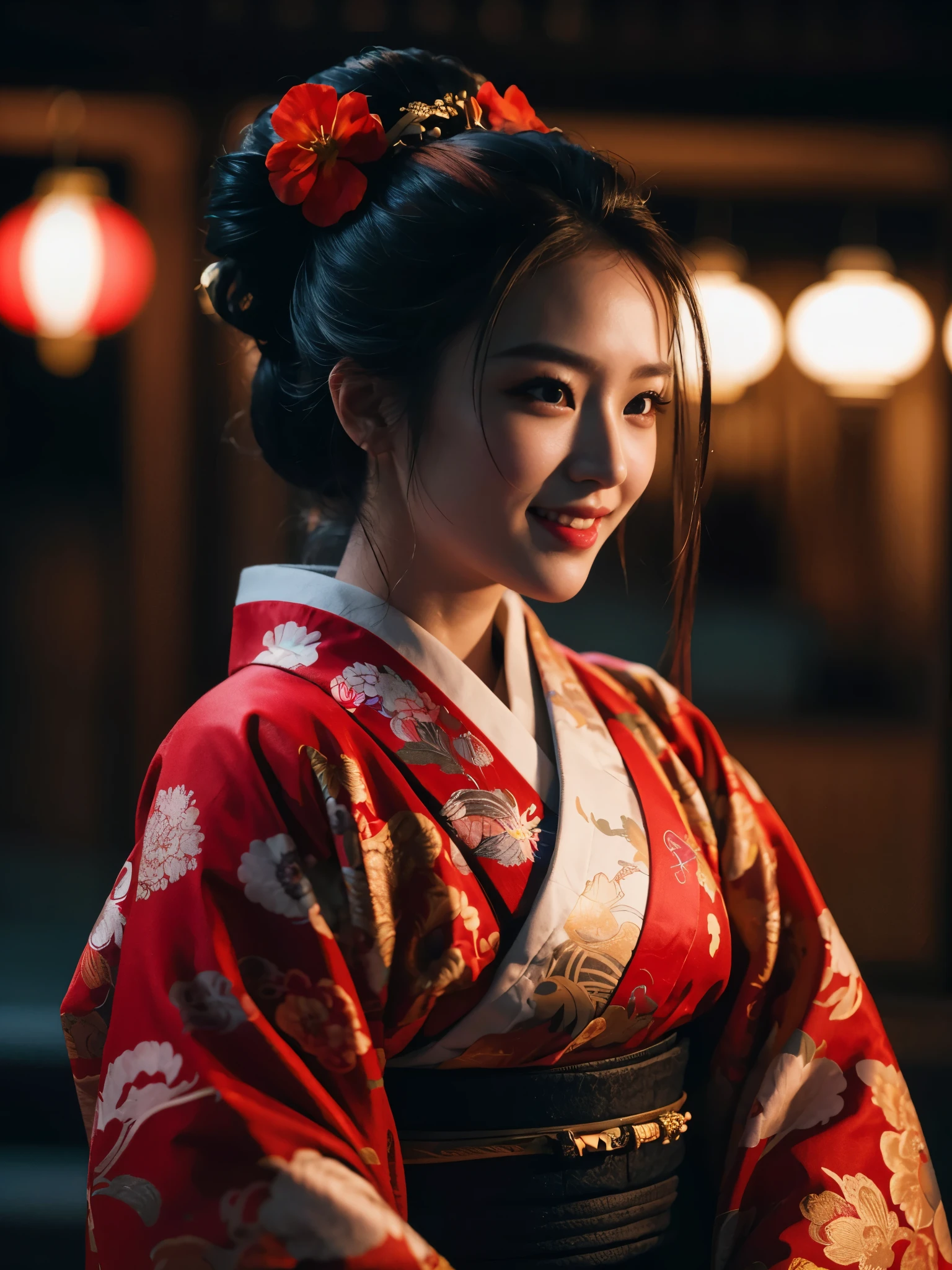 8k Uhd, Dslr,Film Grain, Fujifilm XT3,(Best Quality:1.3), (Masterpiece:1.1), High Resolution, Cinematic Light, Intricate Details, (Photorealistic) (night scene) a realistic backlight dramatic red tone light photography beautiful japanese geisha girl, ((facial texture pore detail)), grin demonic smile, simple messy hairdo, wearing satin kimono with traditional motif, open shoulder, full body colourful dragon tattoo, holding long katana blade, inside traditional villa, 8K