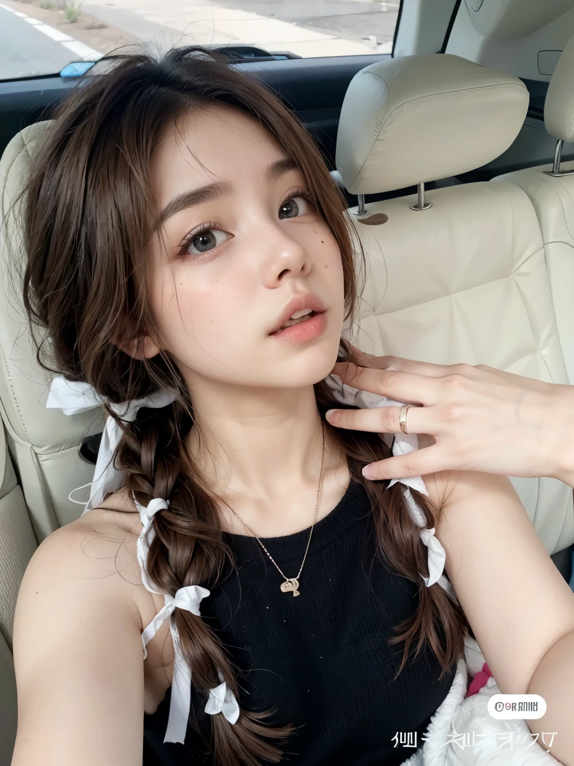 Mujer arafed con el pelo largo sentada en un coche con la mano en el labio., ulzzang, peinado de coletas, dilraba dilmurat, bella delfina, 🤤 girl portrait, sakimichan, ella tiene una cara linda, pale korean adorable face, Cai Xu Kun, 19 year old girl, chica linda-cara-fina