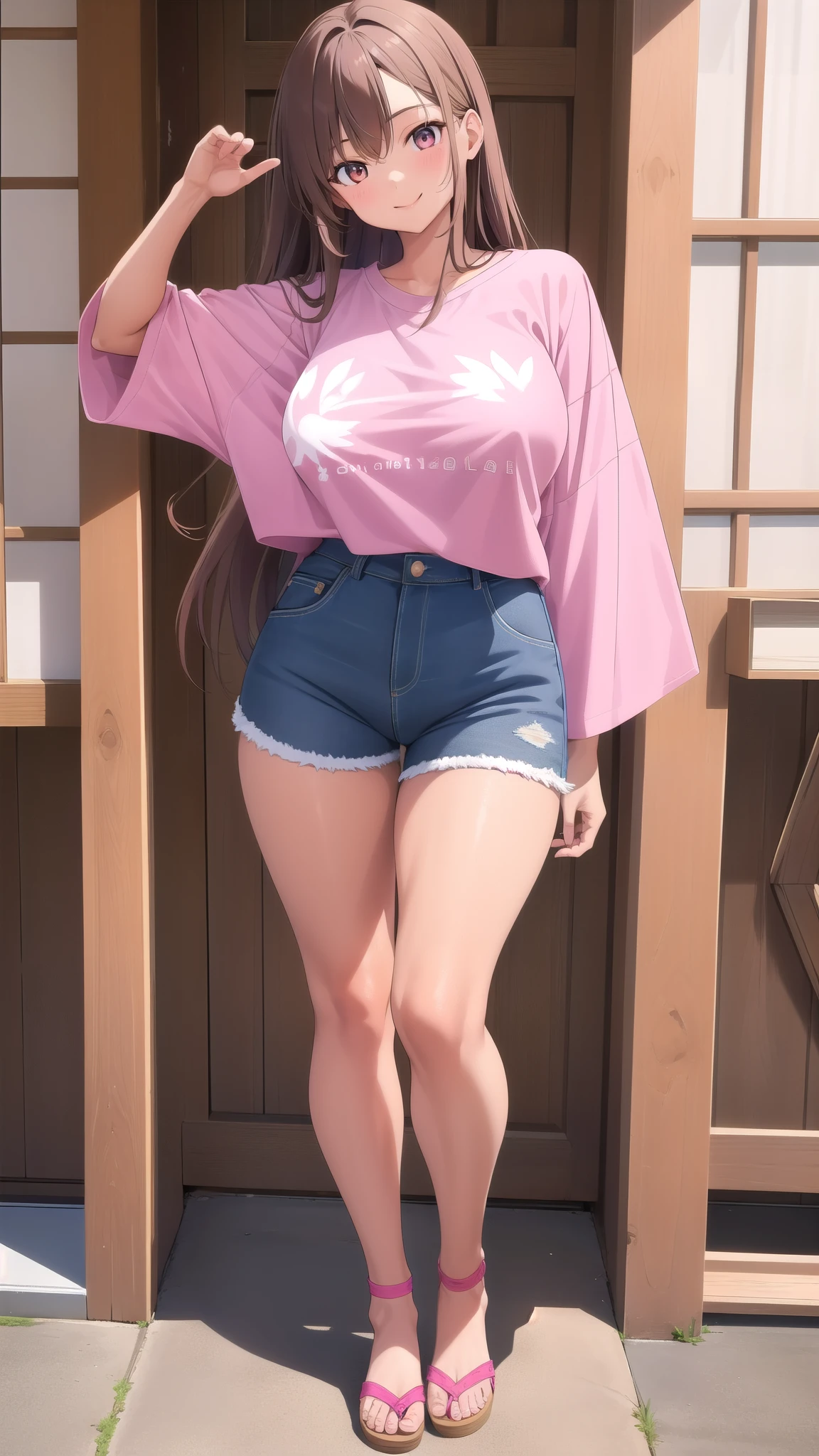 1 girl sigle, long brown Haircurt, eyes color brown, japanese half brazilian, light skin, body type athlete body, full body, wearing pink shirt and blue jeans shorts and brown sandals, age 18, Height	160cm, Breast cup C, light skin, stand pose, smile, Brasil paulo background