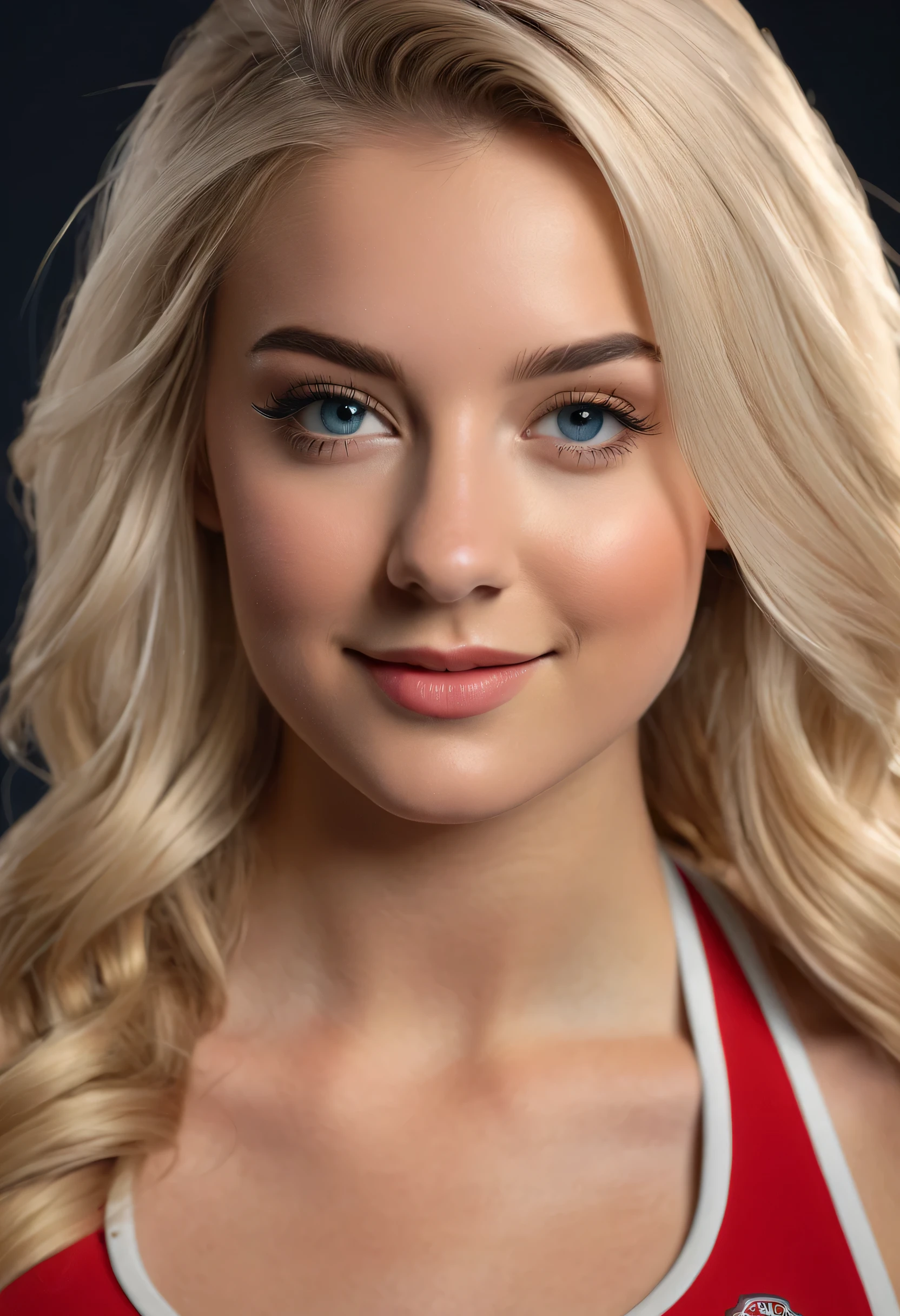 Photorealistic full-length portrait of an insanely beautiful woman, Kate 21 y.o. with blonde hair, Ohio State cheerleader, in the style of panasonic lumix s pro 50mm f/1.4, light beige and dark azure, celebrity images mashups, soft realism, barbiecore, unreal engine 5, 32k uhd, luminous quality, swiss realism