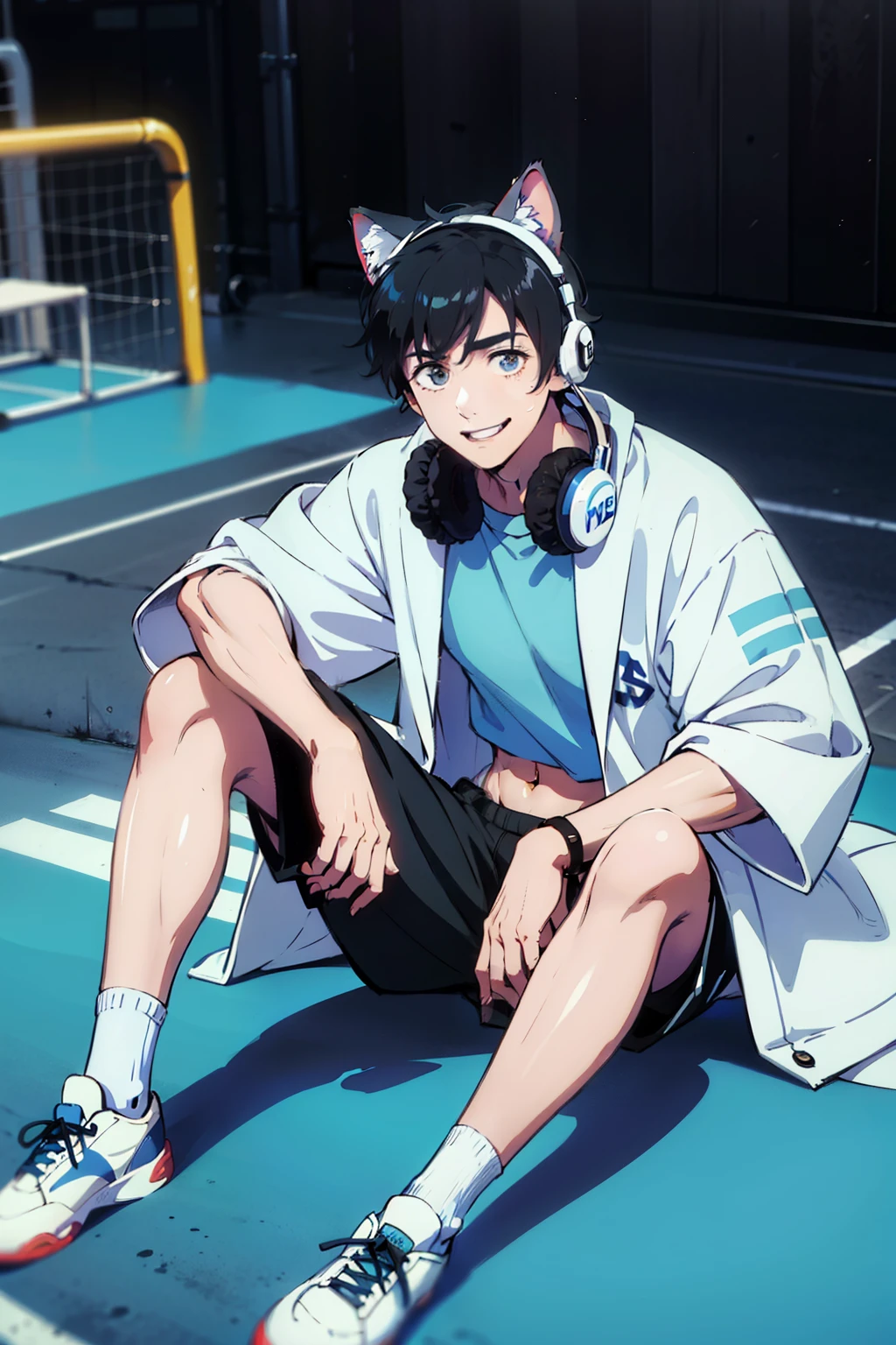 muscle,chest muscles,abdominal muscles,Wearing blue and white headphones,Light blue sports shorts,White basketball shoes,white socks,light coat,Sit and rest,Playground background,short black hair,One meter eight,male,robust,cat ear headphones,Smile,Put one hand in your pocket,legs spread,