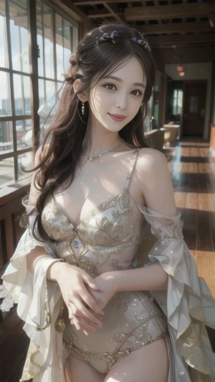 8K, best quality, masterpiece, realistic pictures, hide your face happily, medium breasts, lolita costume, golden lace, Aerith Gainsbourg, whole body, underwear, exposed bare shoulders, outside, outside, covered with snow, cloak, expensive、expensive品質, adobe light room, high detail skin, looking at the viewer,