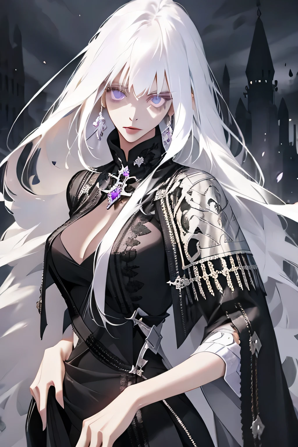 1 female,long white hair with bangs, amethyst eyes,beautiful,intelligent,slender body,calm,mastermind strategist ,wearing a black elegant dress,nprincess, medieval fantasy, castle background ,upper body, details
