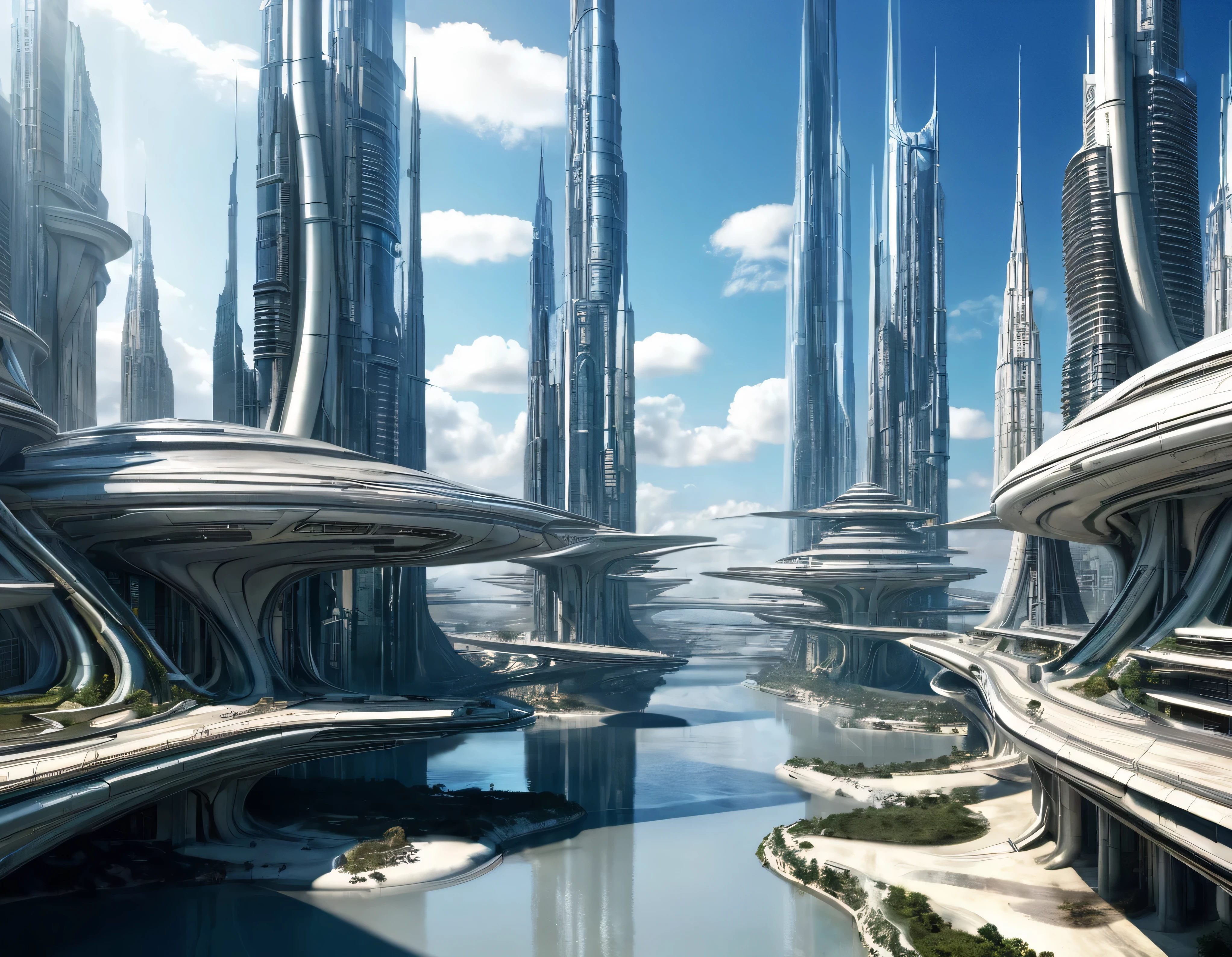 On an unknown planet there is a futuristic fantasy city similar to the one in the movie Tomorrowland., with huge buildings of super technological design, puentes entre edificios, que forman una infinita avenida con estructuras acristaladas y de metal, donde predomina el oro, plata y bronce, con Colores vivos, pavimento ensolado sin brillo, poca gente paseando, similar a Coruscant, imagen bien definida 8k, (intrincados detalles de la maquina), con muchos edificios juntos.(obra maestra de superior calidad).(imagen fotorrealista), nitidez absoluta hasta el fondo.