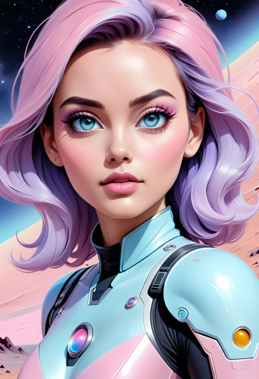 Space exploration, cibachrome, landscape photography, front view, cinematic, 4k, hyper realistic, photopainting, femme fatale, pastel makeup