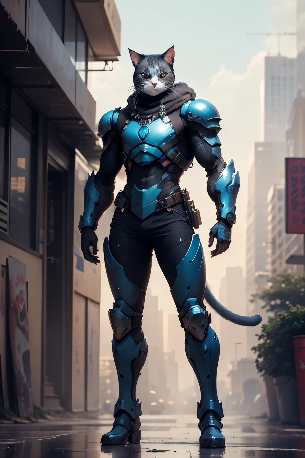 a ((cat)) in blue armor, standing in cyberpunk city, solo, full body plane, UHD, anatomically correct, best quality, masterpiece