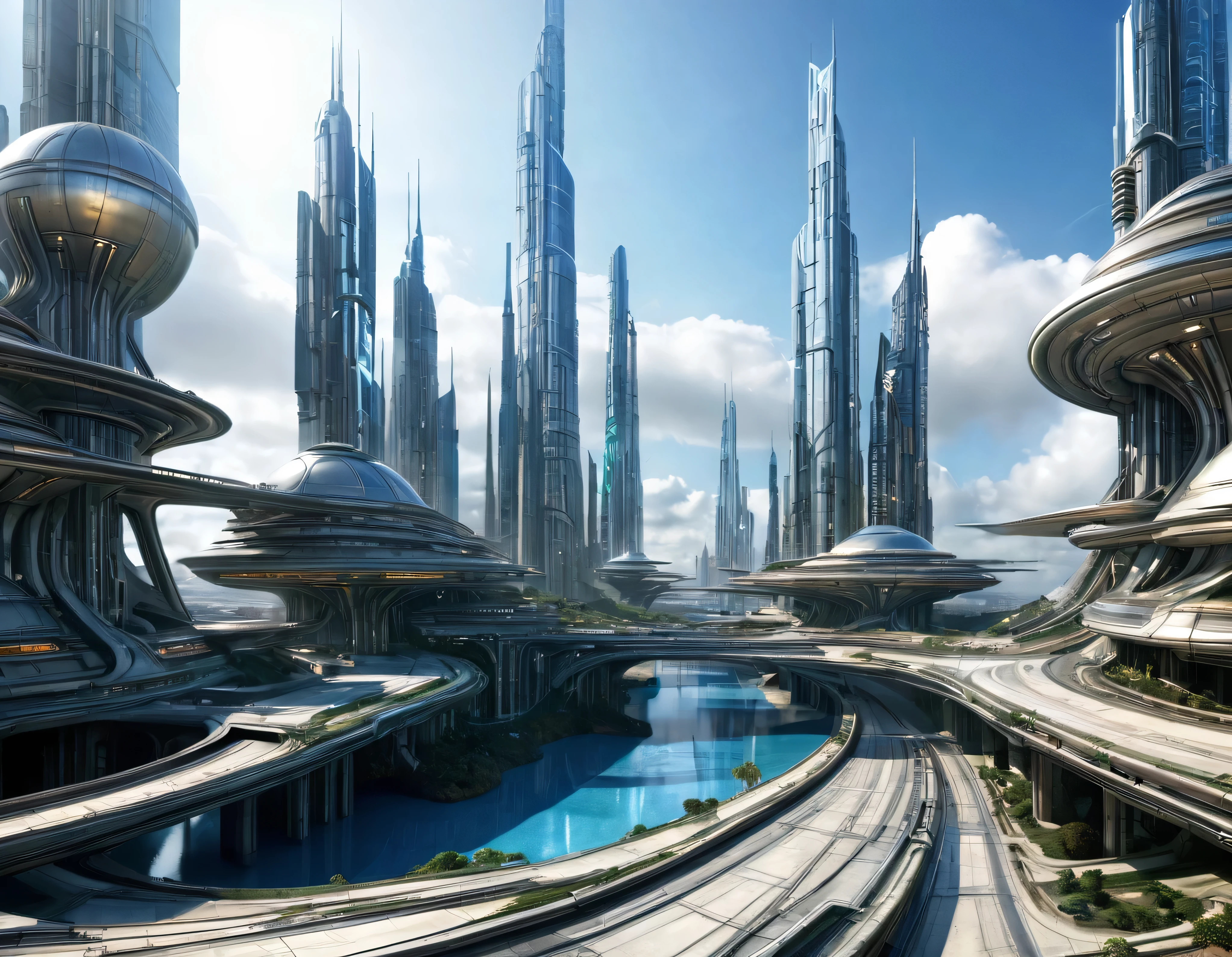 On an unknown planet there is a futuristic fantasy city similar to the one in the movie Tomorrowland., with huge buildings of super technological design, puentes entre edificios, que forman una infinita avenida con estructuras acristaladas y de metal, donde predomina el oro, plata y bronce, con Colores vivos, pavimento ensolado sin brillo, poca gente paseando, similar a Coruscant, imagen bien definida 8k, (intrincados detalles de la maquina), con muchos edificios juntos.(obra maestra de superior calidad).(imagen fotorrealista), nitidez absoluta hasta el fondo.