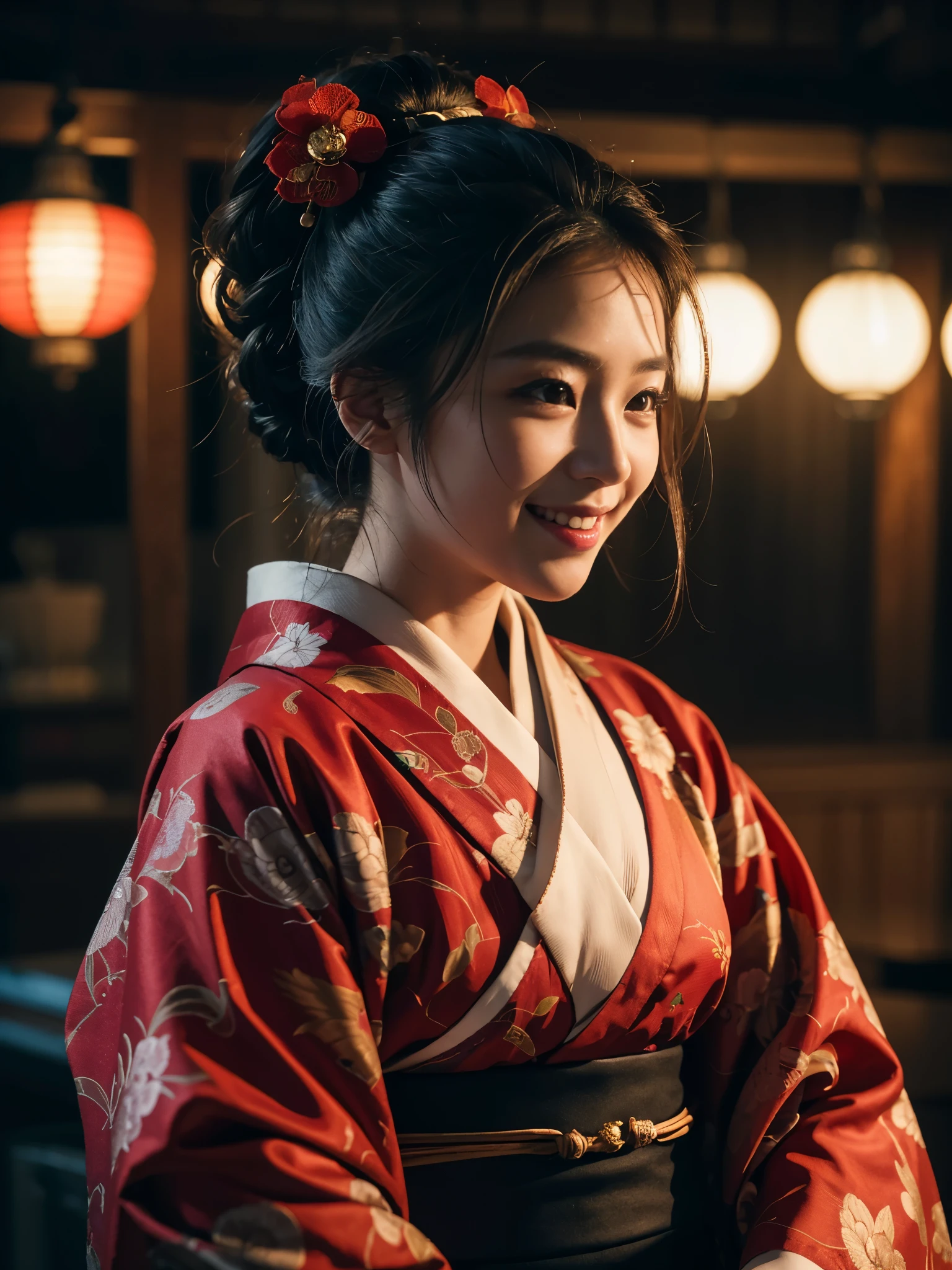8k Uhd, Dslr,Film Grain, Fujifilm XT3,(Best Quality:1.3), (Masterpiece:1.1), High Resolution, Cinematic Light, Intricate Details, (Photorealistic) (night scene) a realistic backlight dramatic red tone light photography beautiful japanese geisha girl, ((facial texture pore detail)), grin demonic smile, simple messy hairdo, wearing satin kimono with traditional motif, open shoulder, full body colourful dragon tattoo, holding long katana blade, inside traditional villa, 8K