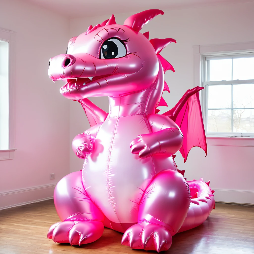 A full body photo of a very realistic inflatable Chibi Pink Inflatable Dragon mascot suit, with a glossy, shiny vinyl surface that reflects light, taken indoors in a room with large limbs appearing soft and plush. The Inflatable Dragon is depicted in a sitting position with paws rubbing pussy.