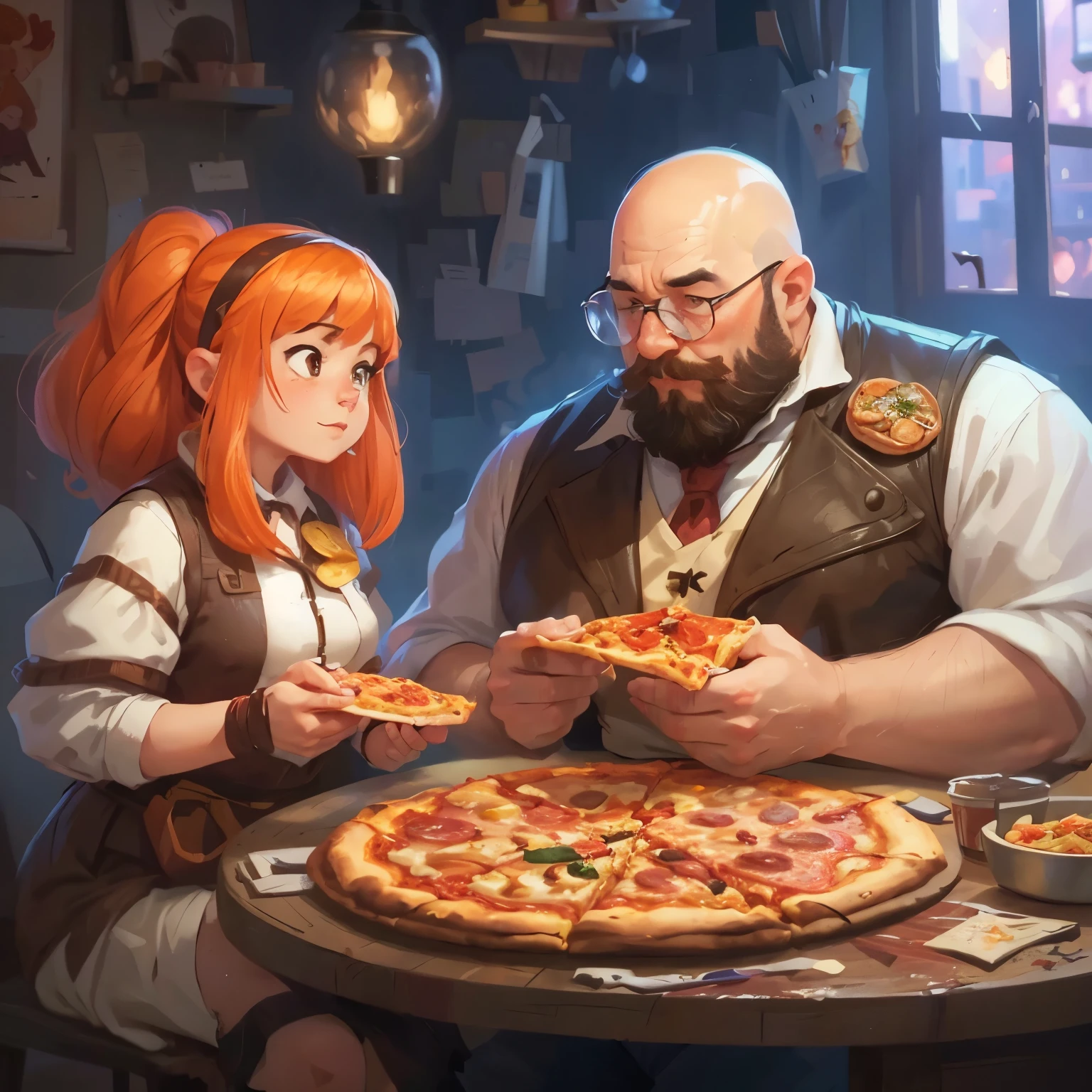 there is a man and a woman sitting at a table eating pizza, artwork in the style of Gouvez, sharing pizza, The Pizza Universe, Sakimichan and Frank Franzzeta, chew pizza, Fantasy tavern background, eating pizza, Gouvez, the art of role play, Gouvez on artstation pixiv