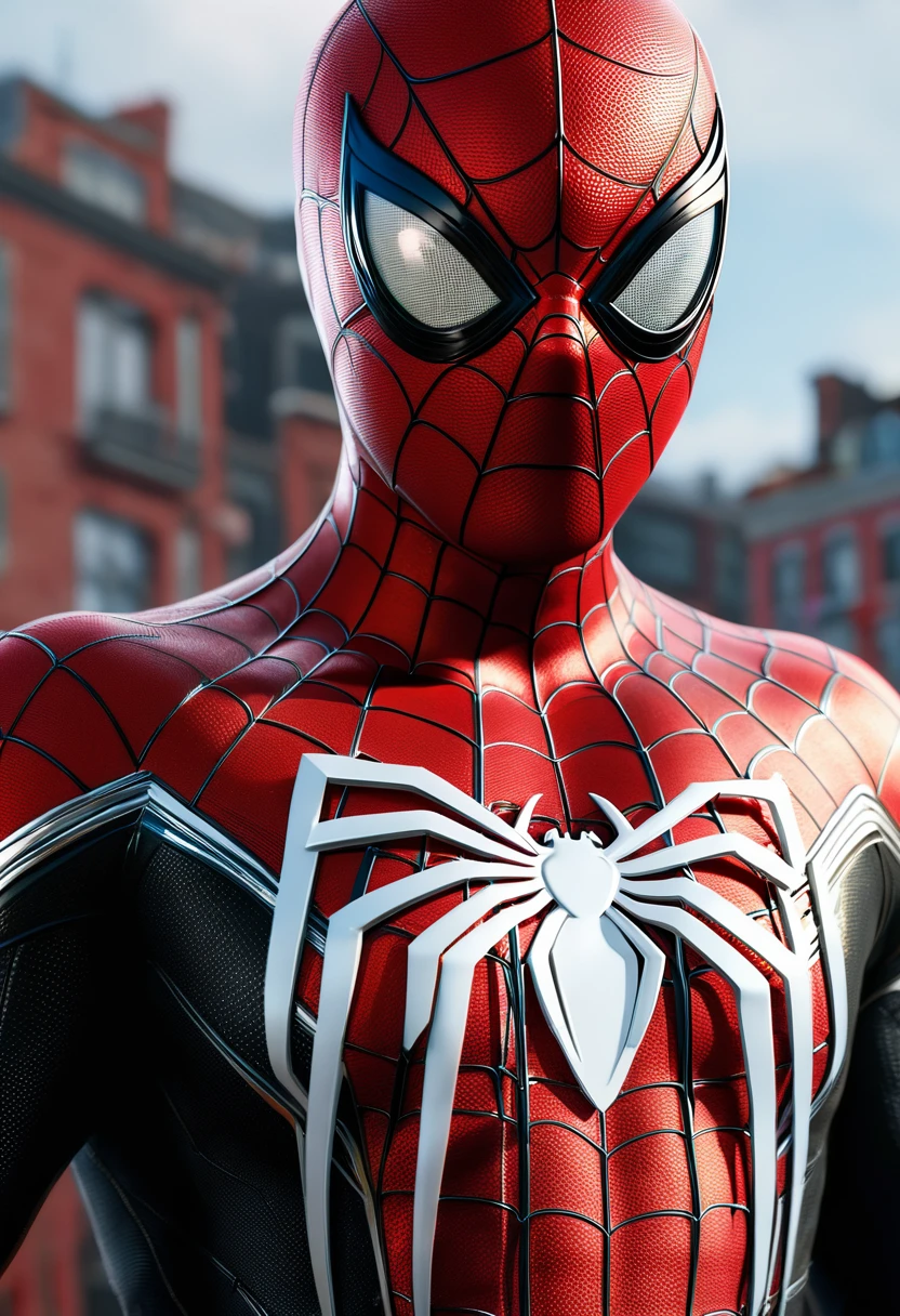 (8k, foto RAW, melhor qualidade, obra-prima: 1.2), ultra detalhado, arte oficial, foto-realista: 1.37, spider man, black suit, spider in the center of your chest in red, organic looking clothing, gooey testura, symbiote, white eyes, fine art, PS5 cinematic screenshot,highly detailed detailed cinematic rendering, ultra photorealistic raytricing, with cinematic lightingpose de ação