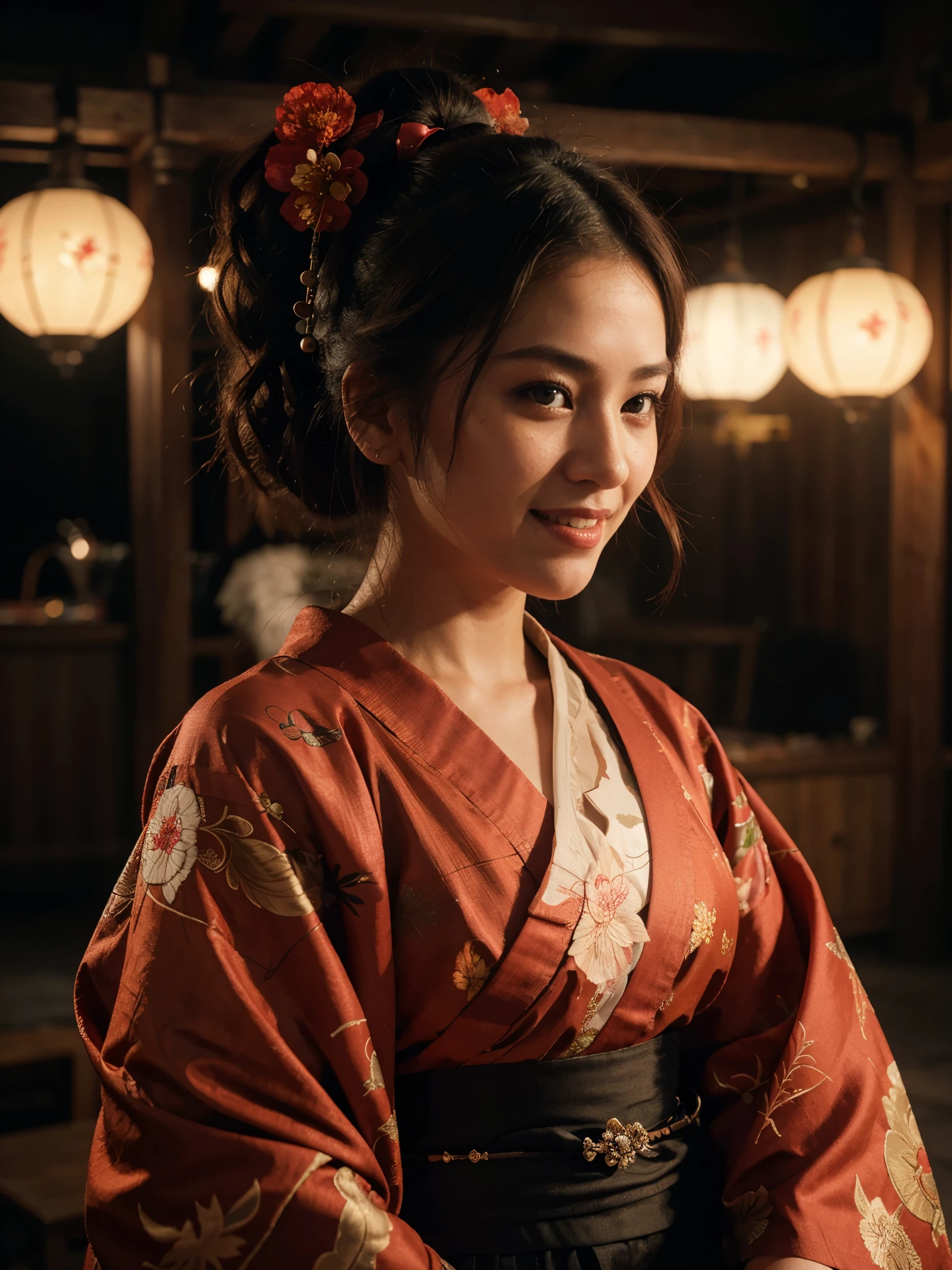 8k Uhd, Dslr,Film Grain, Fujifilm XT3,(Best Quality:1.3), (Masterpiece:1.1), High Resolution, Cinematic Light, Intricate Details, (Photorealistic) (night scene) a realistic backlight dramatic red tone light photography beautiful japanese geisha girl, ((facial texture pore detail)), grin demonic smile, simple messy hairdo, wearing satin kimono with traditional motif, open shoulder, full body colourful dragon tattoo, holding long katana blade, inside traditional villa, 8K
