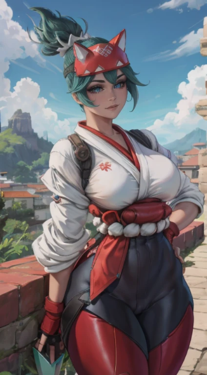 Kiriko overwatch, mulher fofinha, olhos verdes chamativos, de quatro, papel de parede ultra detalhado,  bunda para cima, deitada, Hands, Kiriko overwatch 2 white kimono, ((redd pants)), ((hands on hips )), ((rosto detalhado)),((Sorriso)), ((curvy body)), (seios grandes), sensual, (( dia)), ((cabelo verde)), ((blue sky)), ((inclinando-se para frente)), (fora de casa)) arvores de sakura,,(( segurando kunai))