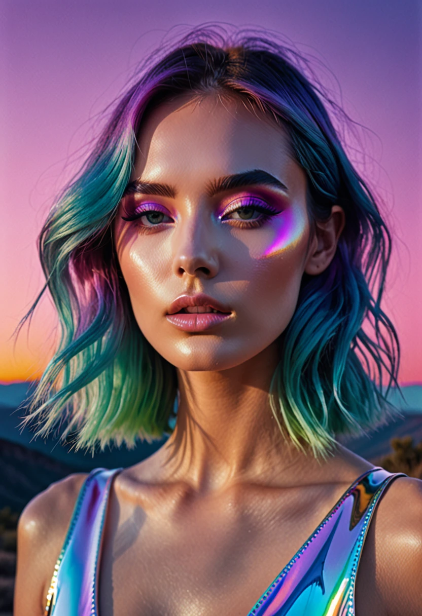 Lucid Dreams, ultra detail, ultra realism, photorealistic, 4k, photopainting, 90s, furrowed, adventurecore, vibrant holographic gradient, femme fatale, pastel makeup, cibachrome, landscape photography