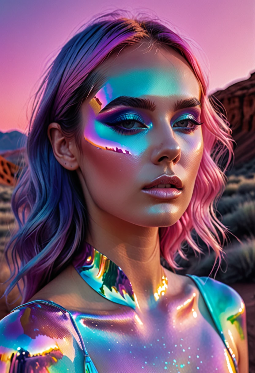 Lucid Dreams, ultra detail, ultra realism, photorealistic, 4k, photopainting, 90s, furrowed, adventurecore, vibrant holographic gradient, femme fatale, pastel makeup, cibachrome, landscape photography
