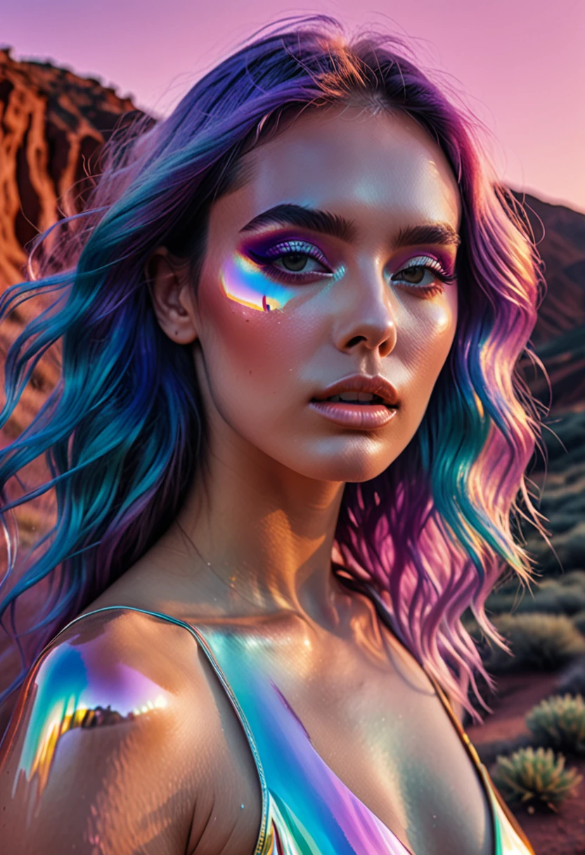 Lucid Dreams, ultra detail, ultra realism, photorealistic, 4k, photopainting, 90s, furrowed, adventurecore, vibrant holographic gradient, femme fatale, pastel makeup, cibachrome, landscape photography