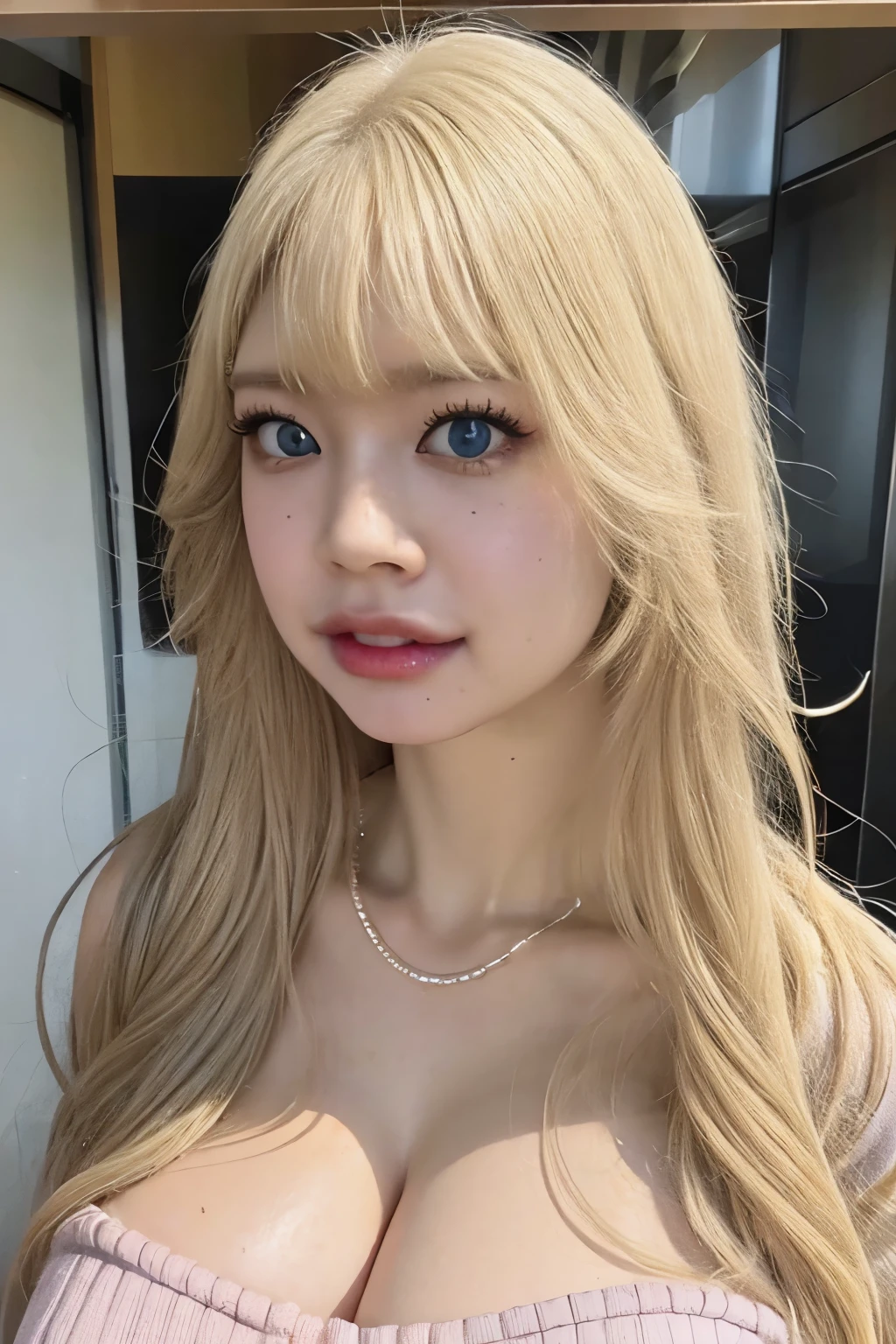 RINA, Babe Rina, 1girl, zoom out portrait, portrait to waist, standing straight, blonde long hair, blonde curly hairstyle, longer hair down to waist, blueish eyes contact, (detailed eyelash:1.4), (long eyelash:1.4), plump teak, revealing skin, barbie looks, bimbo lips, big lips, red lipgloss, (sexy lips:1.4), pink room, gigantic breast, oppai, princess look, princess crown, crown on head, looking at camera, Ultra-realistic capture, Highly detailed, High resolution 16k, Skin should look healthy, Use natural light and color, (Big , ultra gigantic, Super super big, Glamorous body), (knitted sweater, miniskirt), Highly detailed, High-definition raw color photos, Professional Photography, Realistic portrait